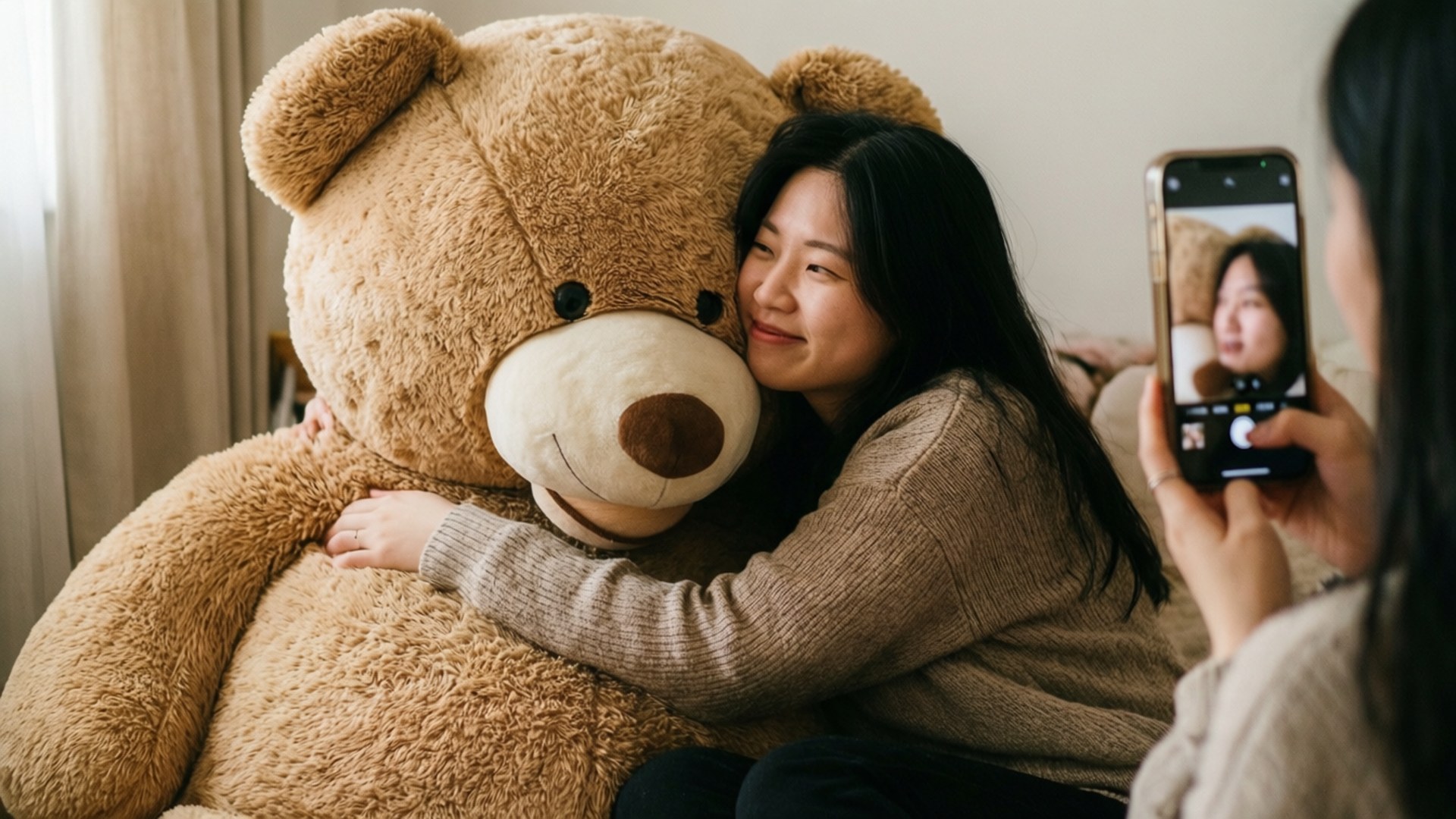 Teddy Bear Hug 壁紙 — 一名女子微笑著擁抱一隻巨大的棕色泰迪熊，另一人正用智慧型手機為她拍照。