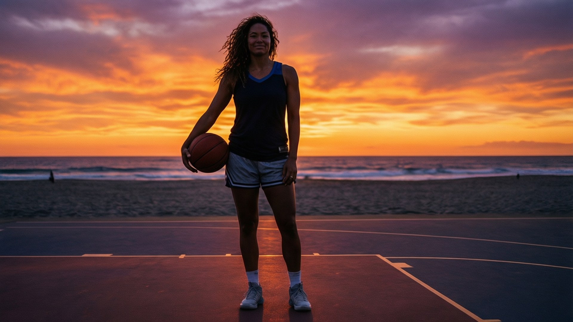 Kelsey Plum 桌布 壁紙 — 一名女子站在海灘邊的籃球場上，手持籃球，夕陽在她身後以火熱的橙色和紫色色調落下。
