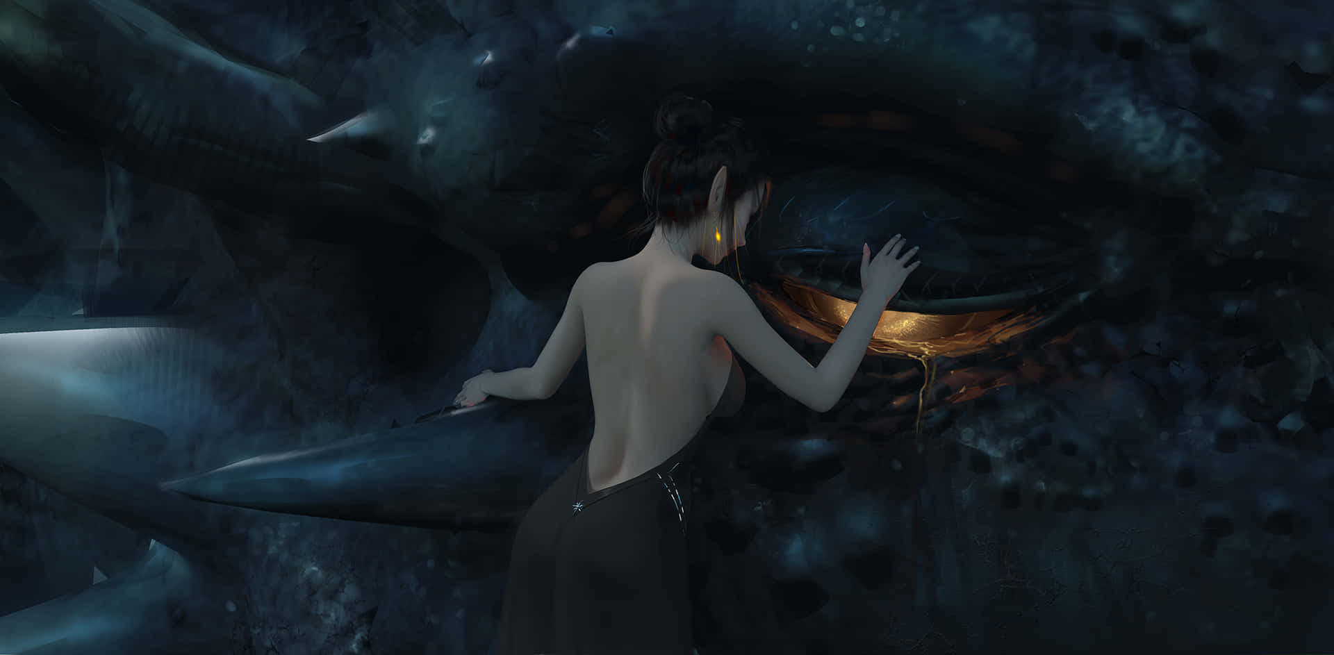 一位女性在黑暗洞穴的水下觸摸發光的鯨魚眼睛。 — 3D 壁紙