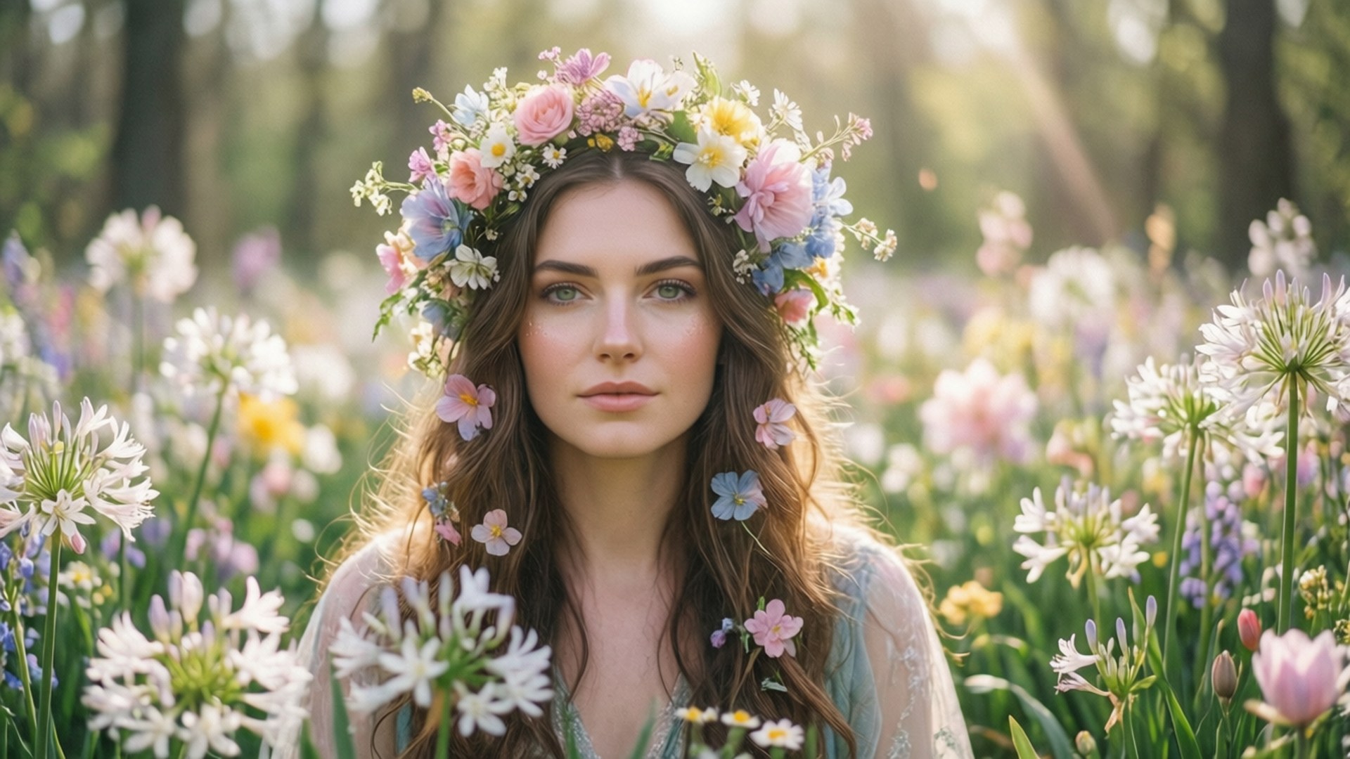 Spring's Awakening 壁紙 — 一位戴著色彩繽紛花冠的女性，寧靜地站在陽光普照、開滿白色、粉紅色和藍色花朵的田野中。