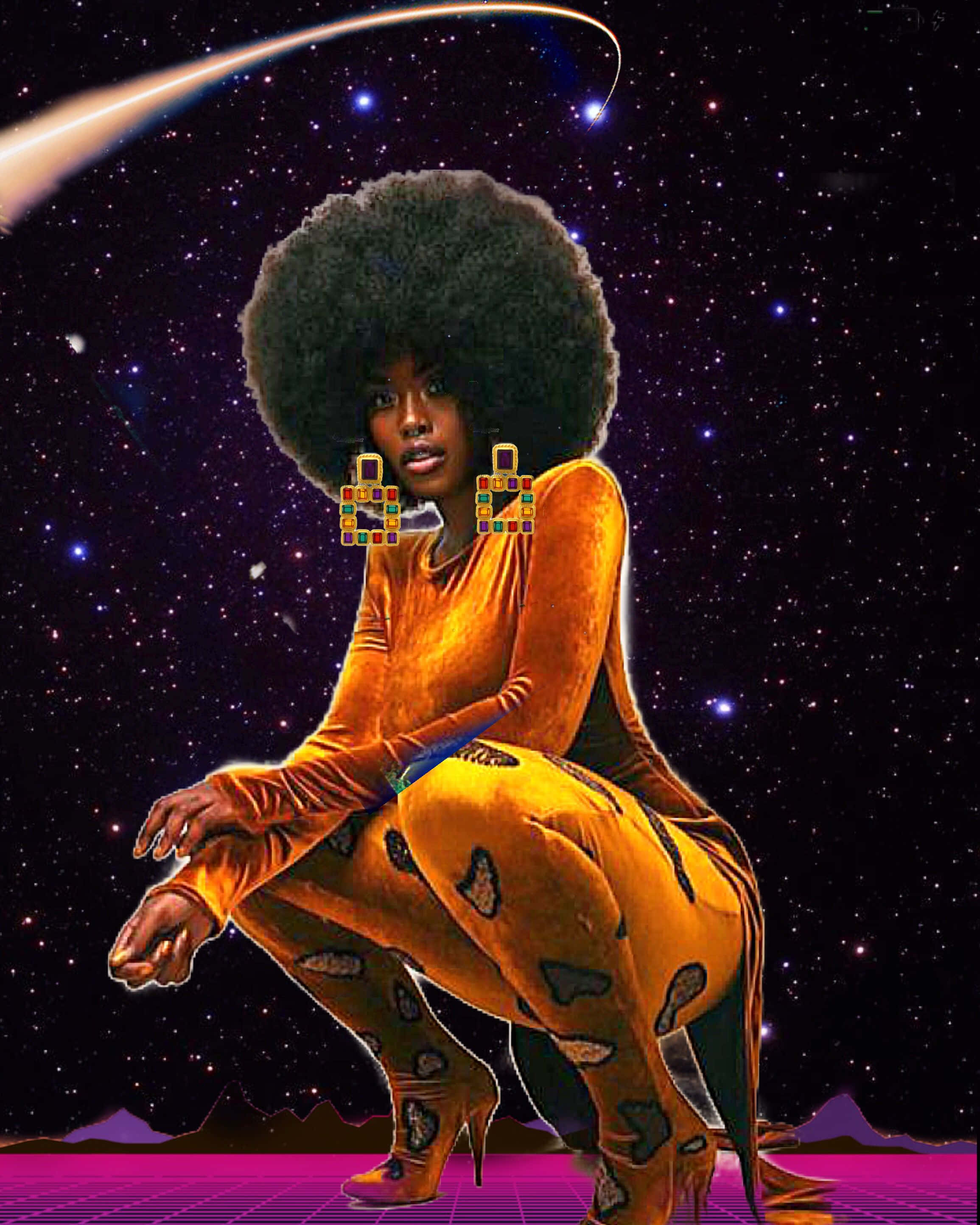 Afrofuturism 桌布 壁紙 — 一位擁有大型非洲髮型和醒目耳環的女性，自信地蹲在星光燦爛的宇宙背景下，伴隨著一顆發光的彗星。