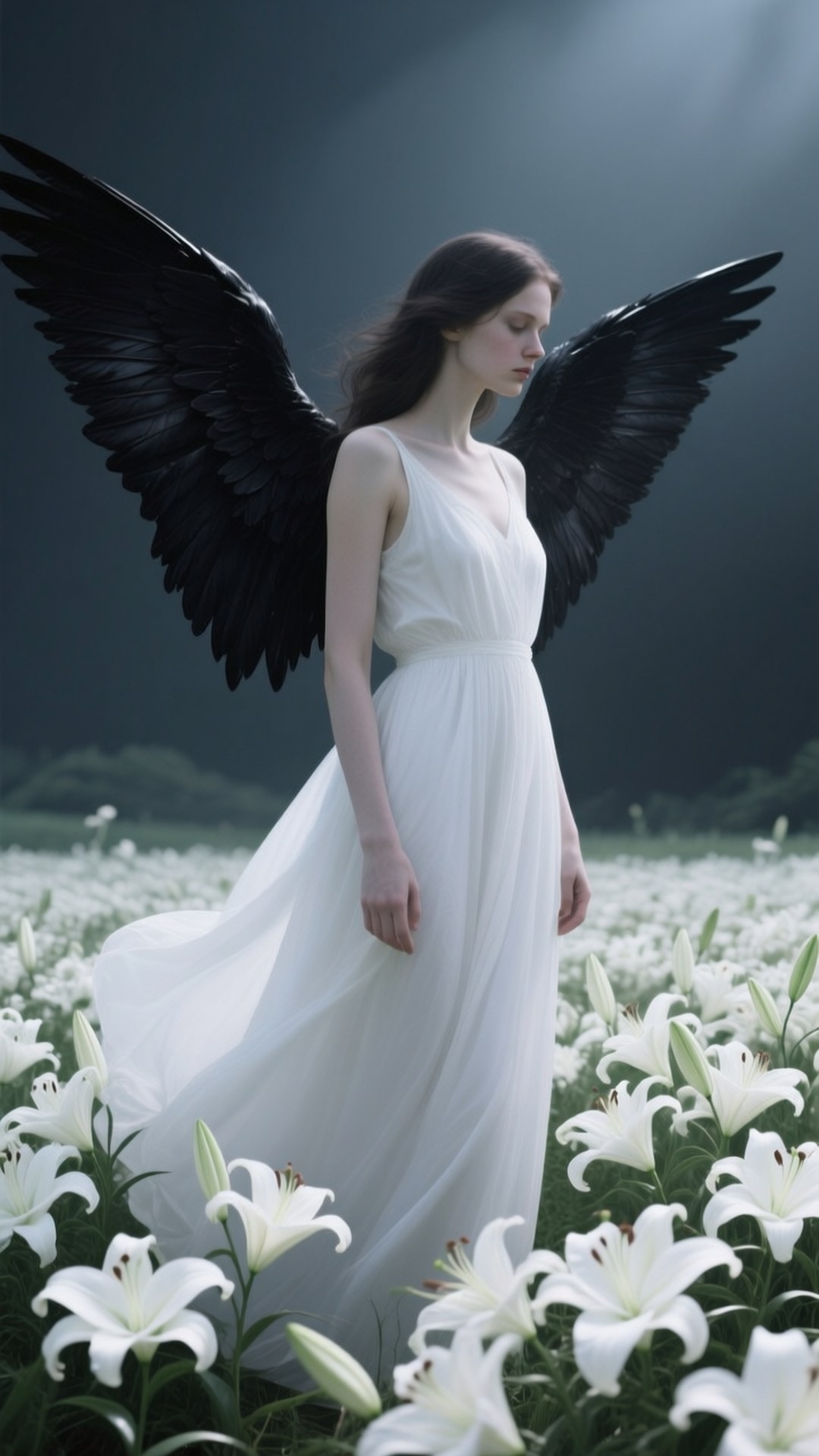 White Dress Black Wings 壁紙 — 一個擁有巨大黑色羽毛翅膀的女人站在一片白色百合花田中，頭上是戲劇性的黑暗天空照明。