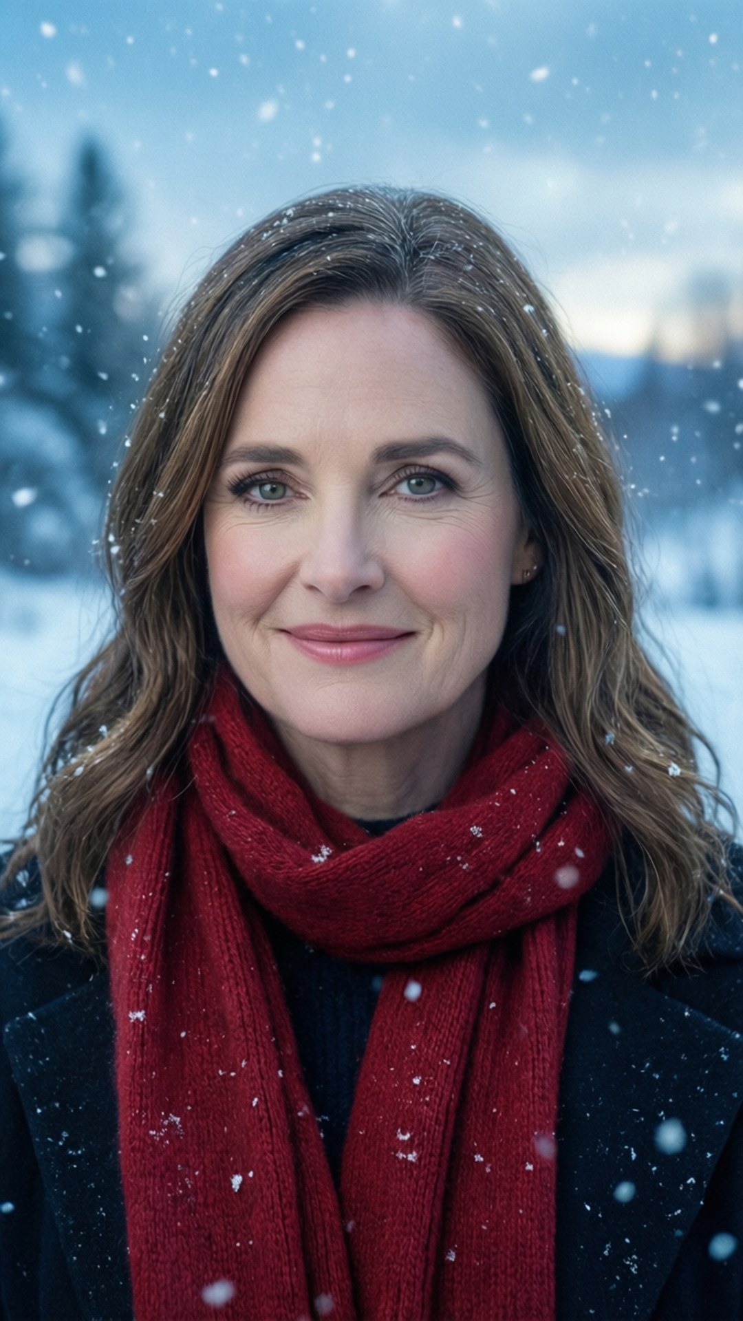 Katherine Barrell 桌布 壁紙 — 一位棕色頭髮、戴著紅色圍巾的女性在冬日景色中，雪花飄落，她溫柔地微笑。