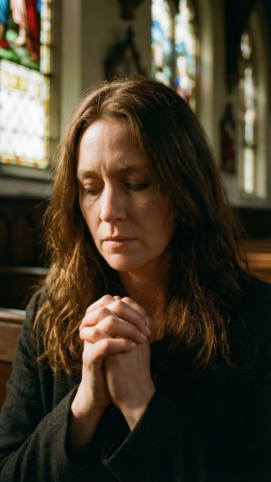 Erin's Prayer 壁紙 — 一位棕色頭髮的女性在彩繪玻璃窗照亮的教堂中合手祈禱。