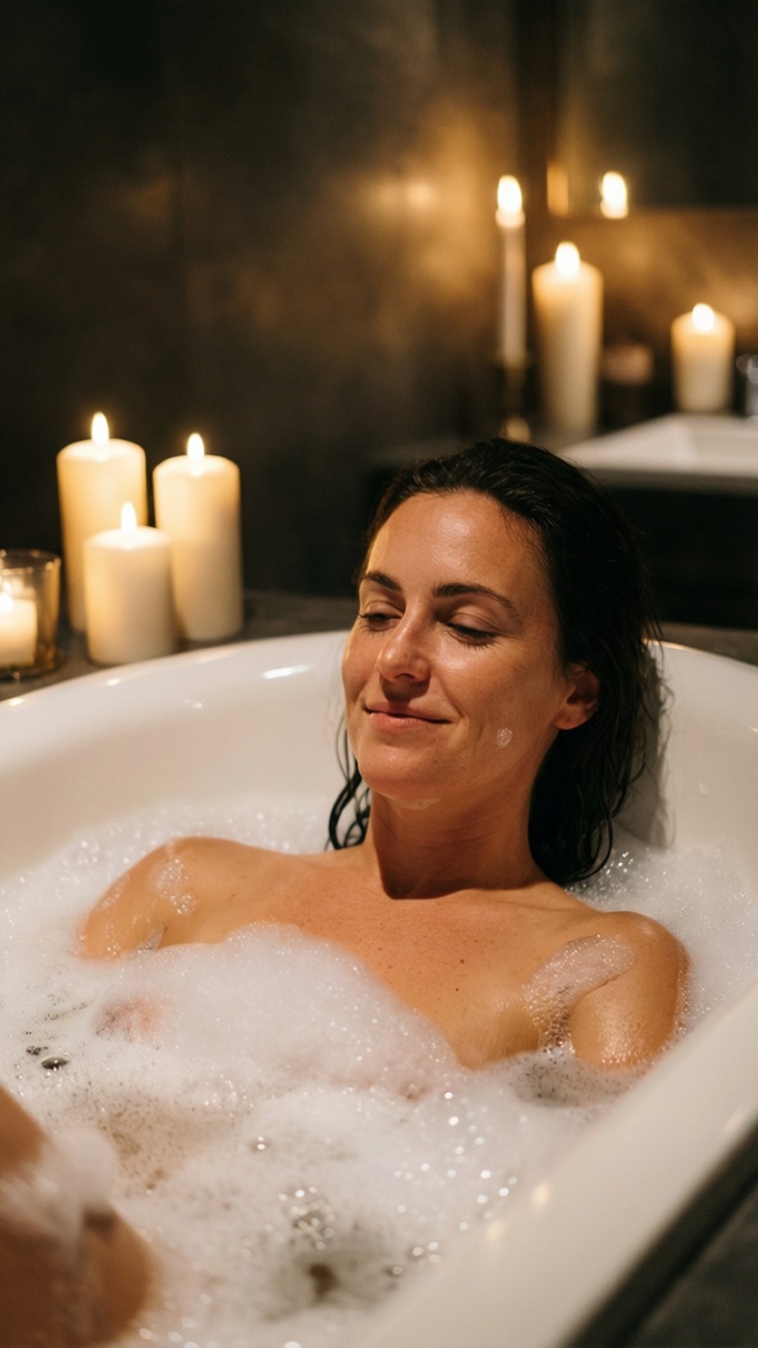 Bubble Bath Candles 壁紙 — 一位閉著眼睛的女性在昏暗的房間裡，被點燃的白蠟燭包圍的泡泡浴中平靜地微笑。