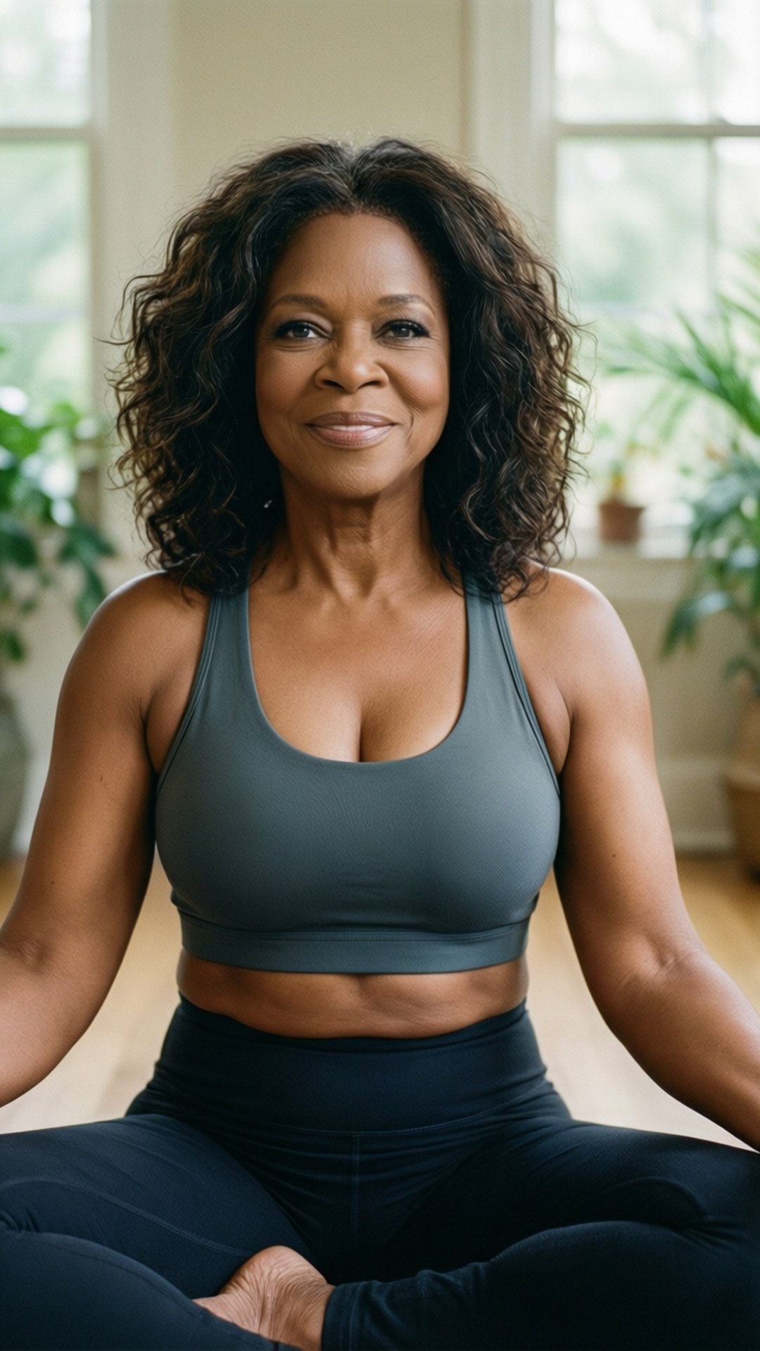 Oprah Wellness Yoga 壁紙 — 一位捲髮女性盤腿坐著瑜伽姿勢，穿著灰色運動內衣和黑色緊身褲，在一個有植物的明亮房間裡。