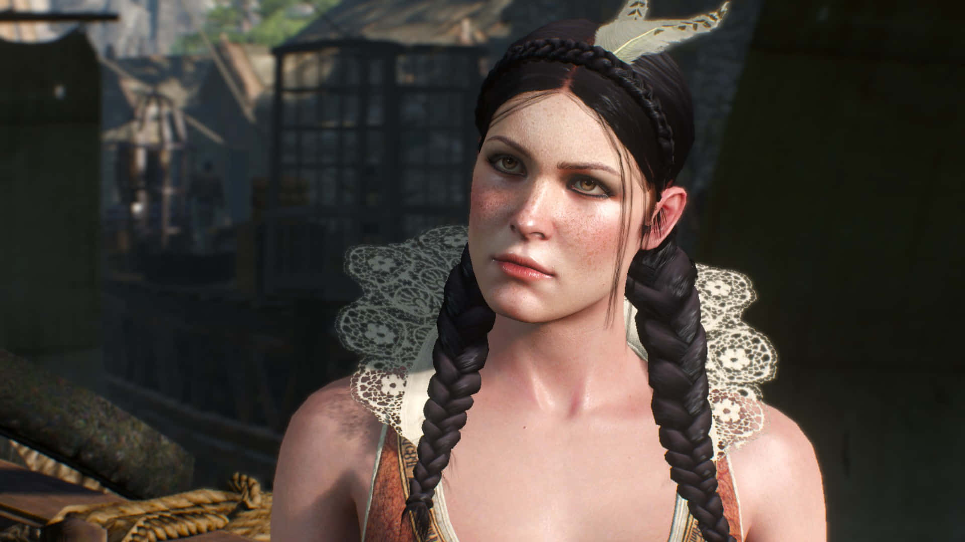 Philippa Eilhart 桌布 壁紙 — 一位擁有深色辮子頭髮和羽毛頭帶的女性在陽光明媚的中世紀場景中向前凝視。