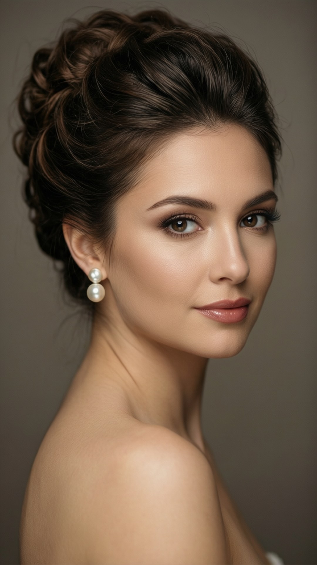 Elegant Updo 壁紙 — 一位深棕色頭髮梳成優雅盤髮的女性戴著珍珠耳環，在柔和的灰色背景前溫柔地看著鏡頭。