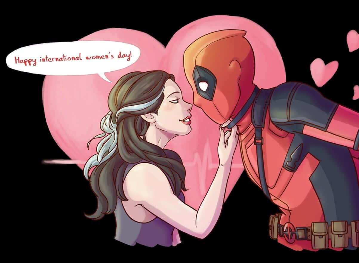 Deadpool And Vanessa 桌布 壁紙 — 一位深色頭髮的女性輕輕觸摸死侍戴著面具的臉，他正靠向一個巨大的粉紅色心形，上面有一個對話框寫著「Happy international women's day!」
