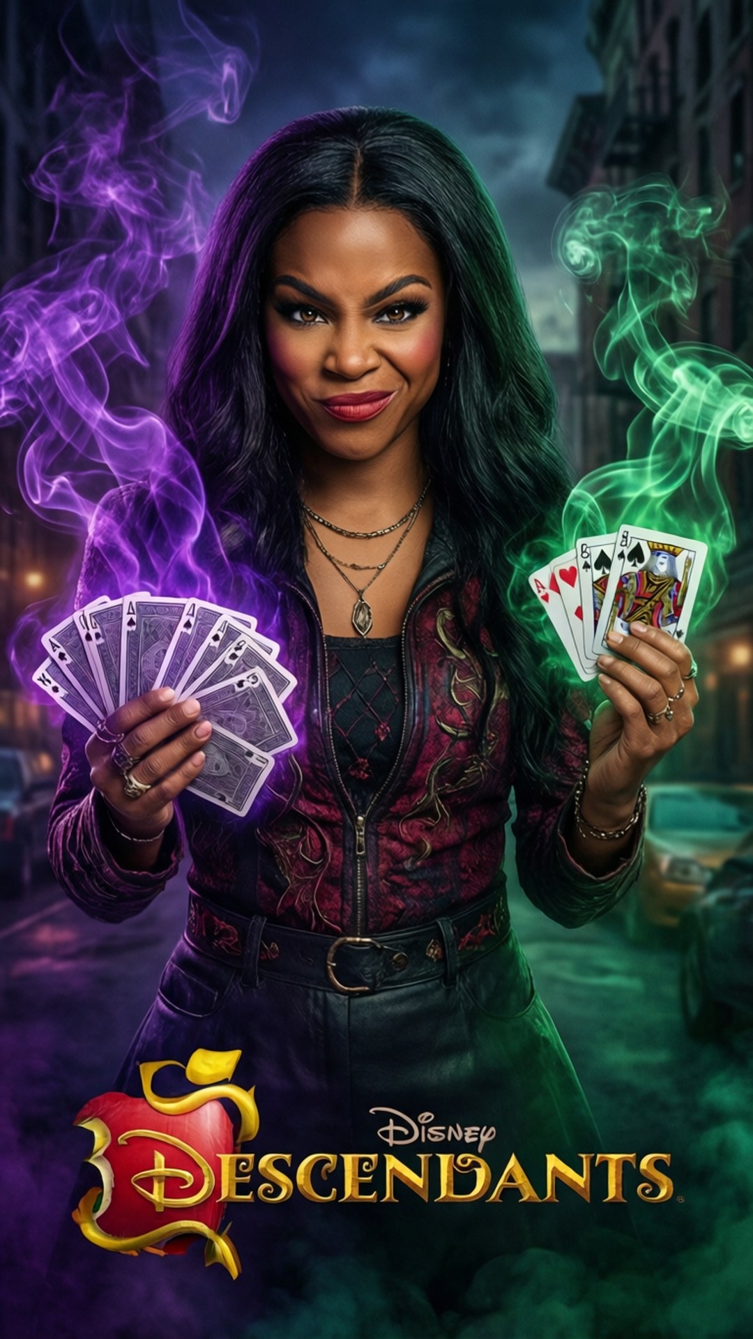Celia's Voodoo 壁紙 — 一位深色頭髮的女性手持發光的紫色和綠色撲克牌，魔法煙霧在她周圍的城市景觀中旋轉。