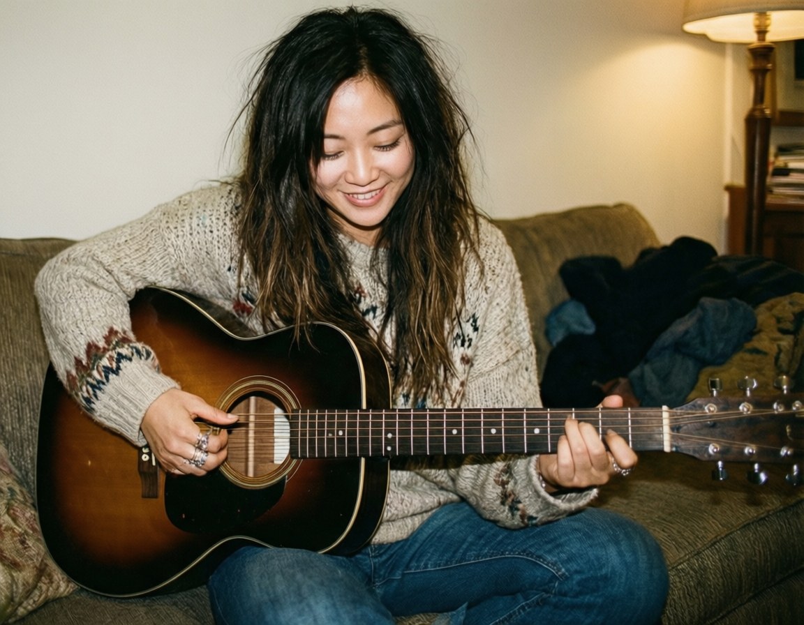 Cozy Acoustic Session 壁紙 — 一位深色頭髮的女性在溫暖照明的房間裡坐在沙發上彈奏木吉他並微笑。
