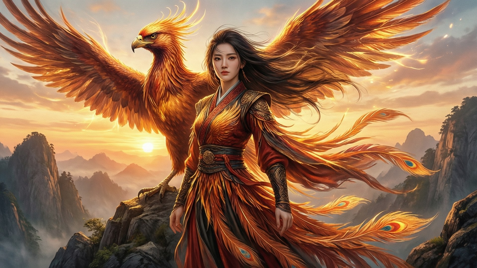 一位擁有鳳凰翅膀的女子站在日落時分的山上，穿著飄逸的長袍 — 崩壞：星穹鐵道 壁紙