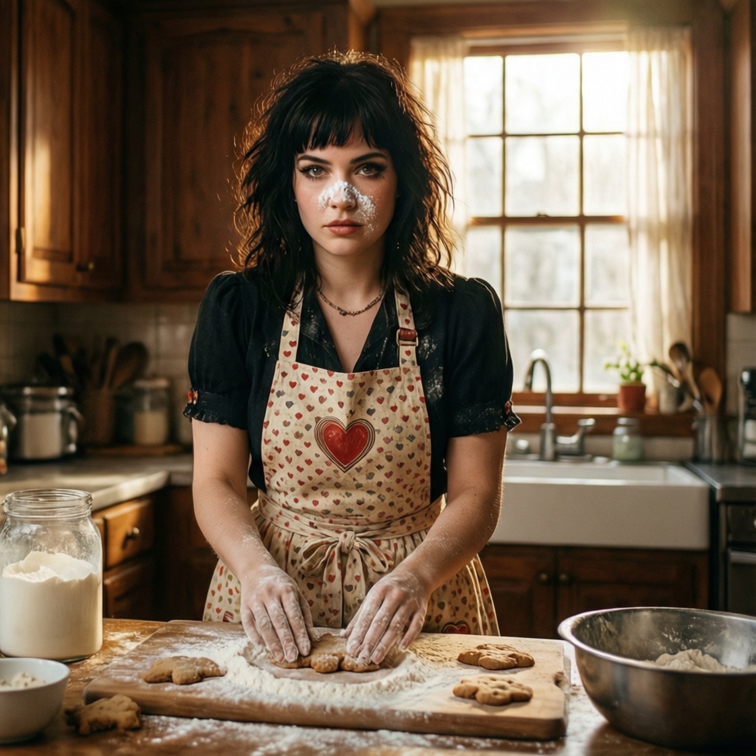 Baking Memories 壁紙 — 一個鼻子上沾有麵粉的女人在陽光普照的鄉村廚房裡的木板上揉麵團。