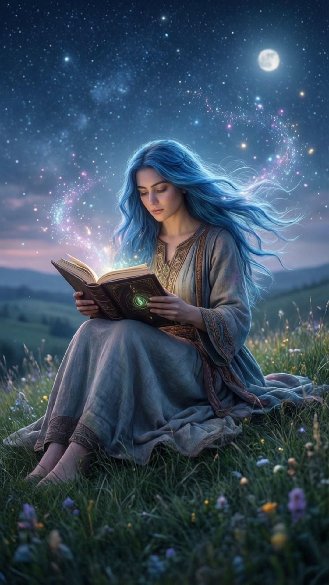 Roxy Under Stars 壁紙 — 一位擁有飄逸藍色長髮的女性坐在草地上，閱讀一本發光的書，星星在她周圍旋轉，天空月光皎潔。