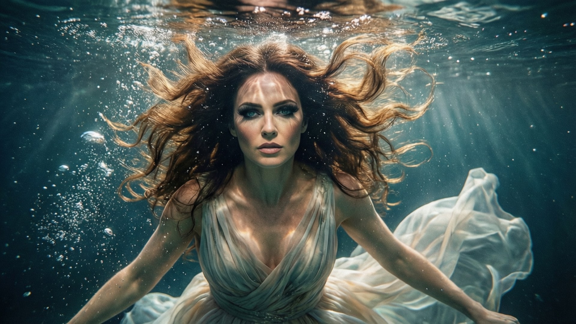Underwater Serenity 壁紙 — 一位擁有飄逸紅髮和白色長袍的女性在水下游泳，陽光透過水面照射下來。