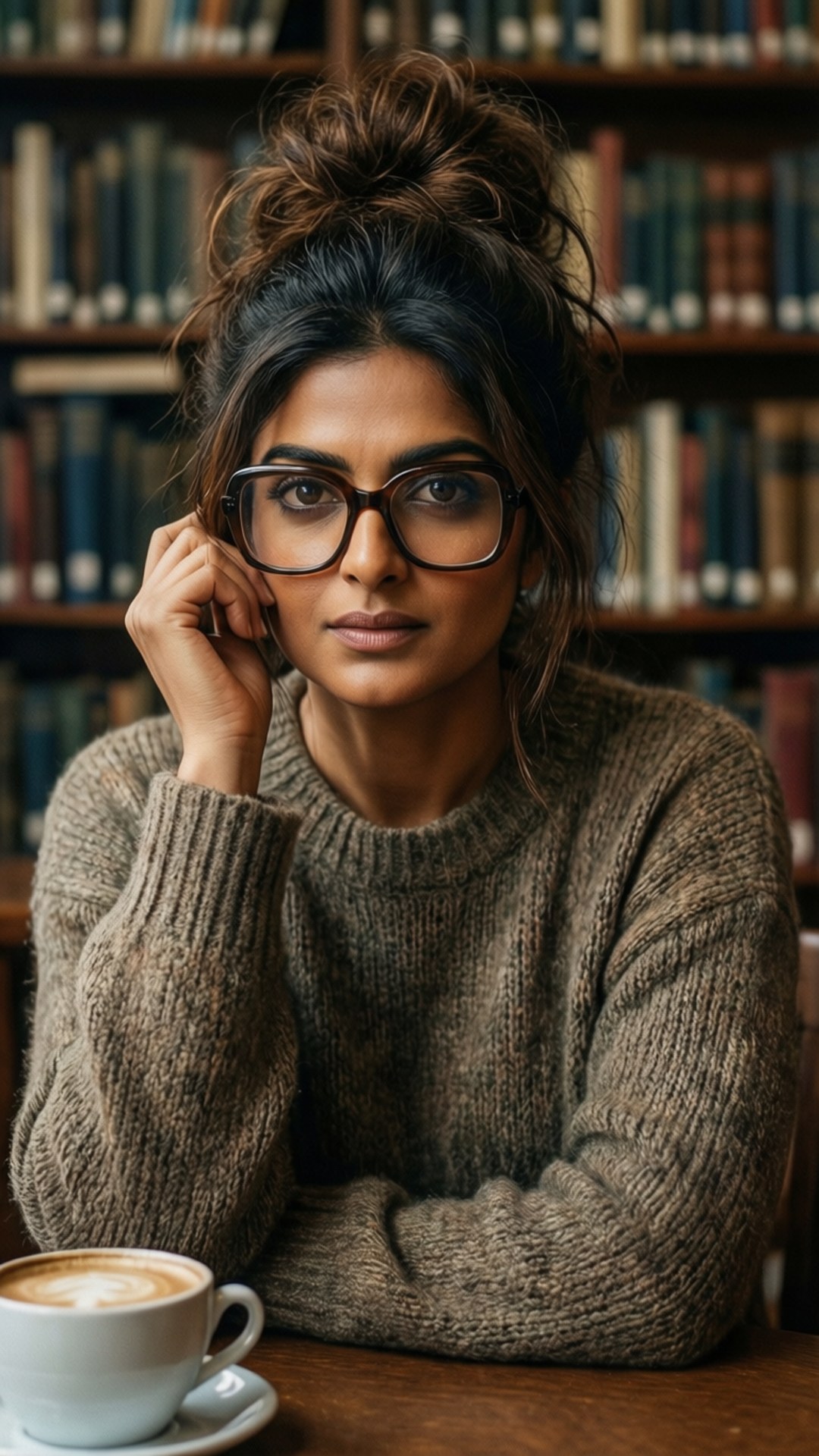 Cozy Library Vibes 壁紙 — 一位戴眼鏡、頭髮凌亂盤起的女士坐在圖書館裡，拿著咖啡杯看著鏡頭。