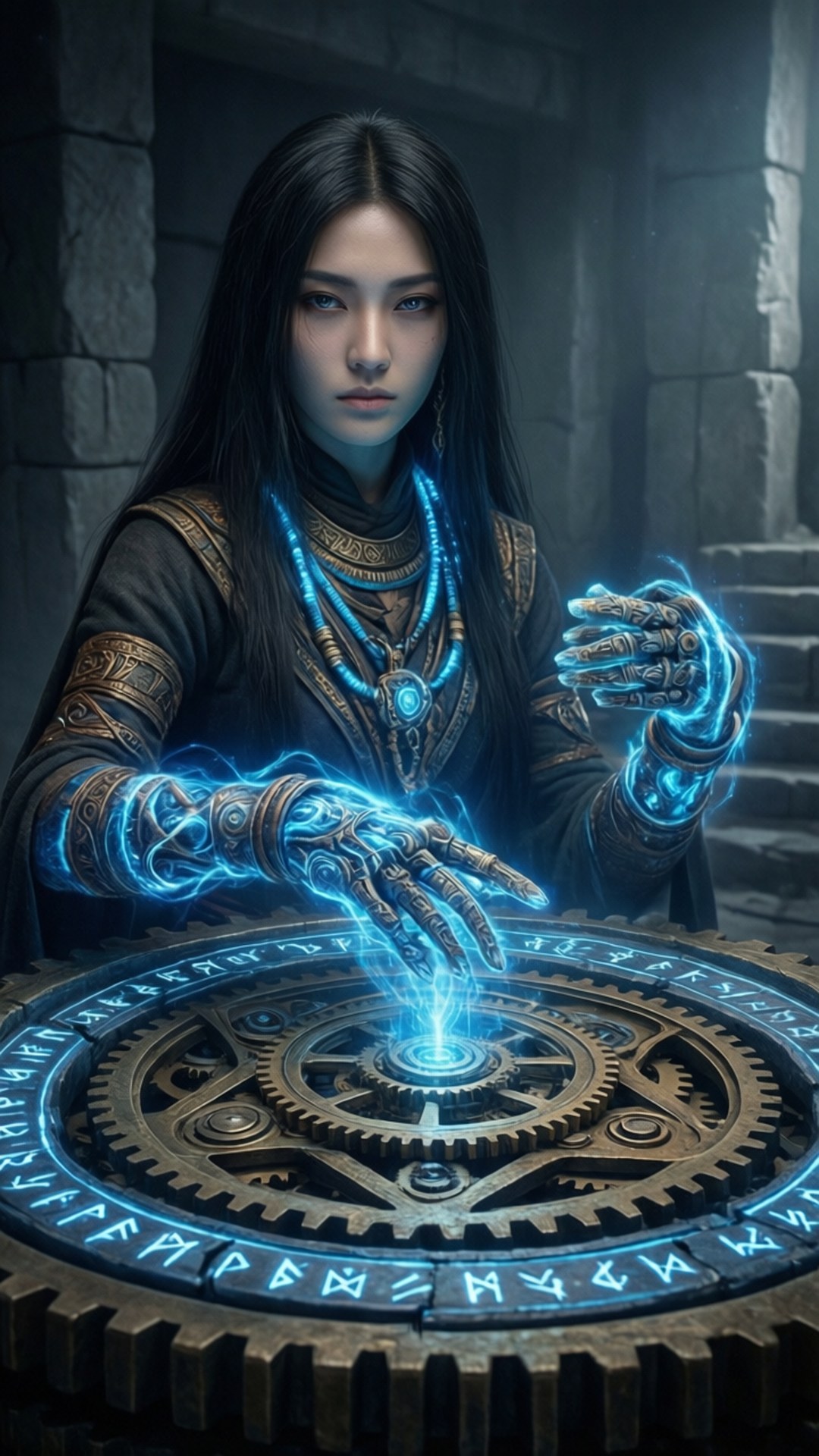 Ancient Puzzle 壁紙 — 一位擁有發光藍色雙手的女性在石室中將能量引導到蒸氣龐克齒輪機構上。