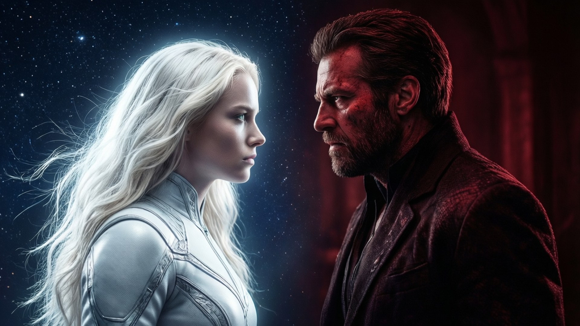 Starlight vs Homelander 壁紙 — 一位銀色盔甲、白髮發光的女性，面對一位穿著深色外套、留鬍鬚的男性，背景是星空宇宙。
