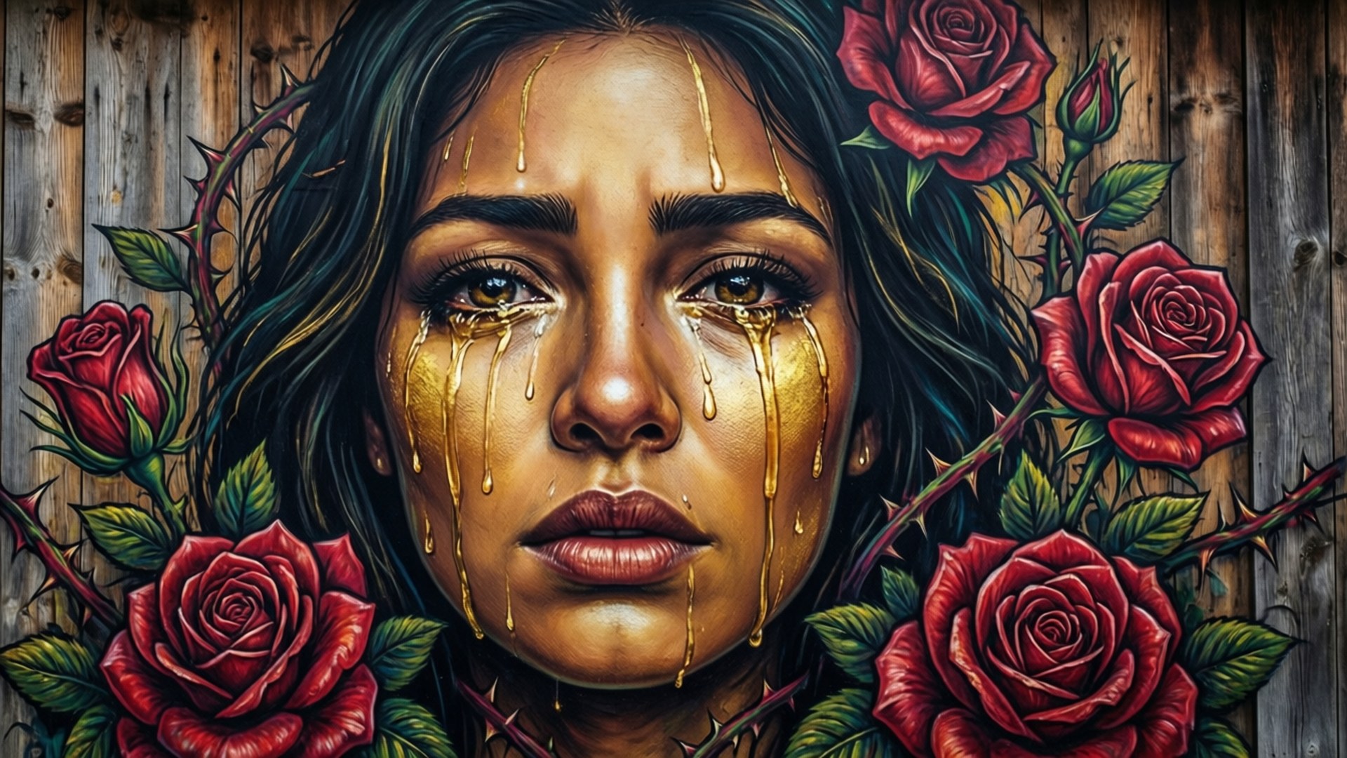 Tears of Gold Mural 壁紙 — 一個女人金色淚水流過臉龐，被紅玫瑰和荊棘環繞，背景是風化的木頭。