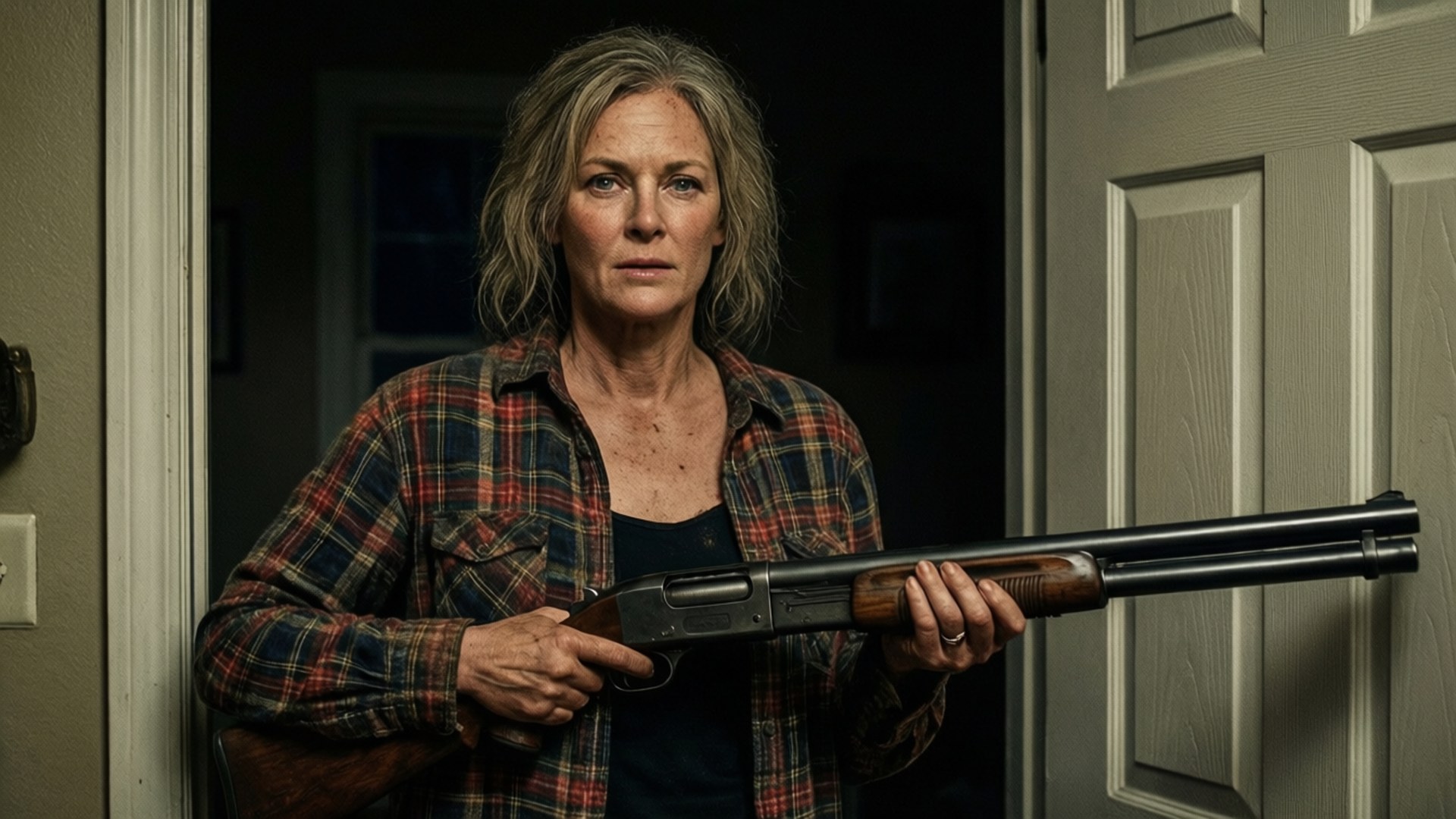 Survivor Laurie 壁紙 — 一位灰髮女士站在門口，手持雙管霰彈槍，表情嚴肅。