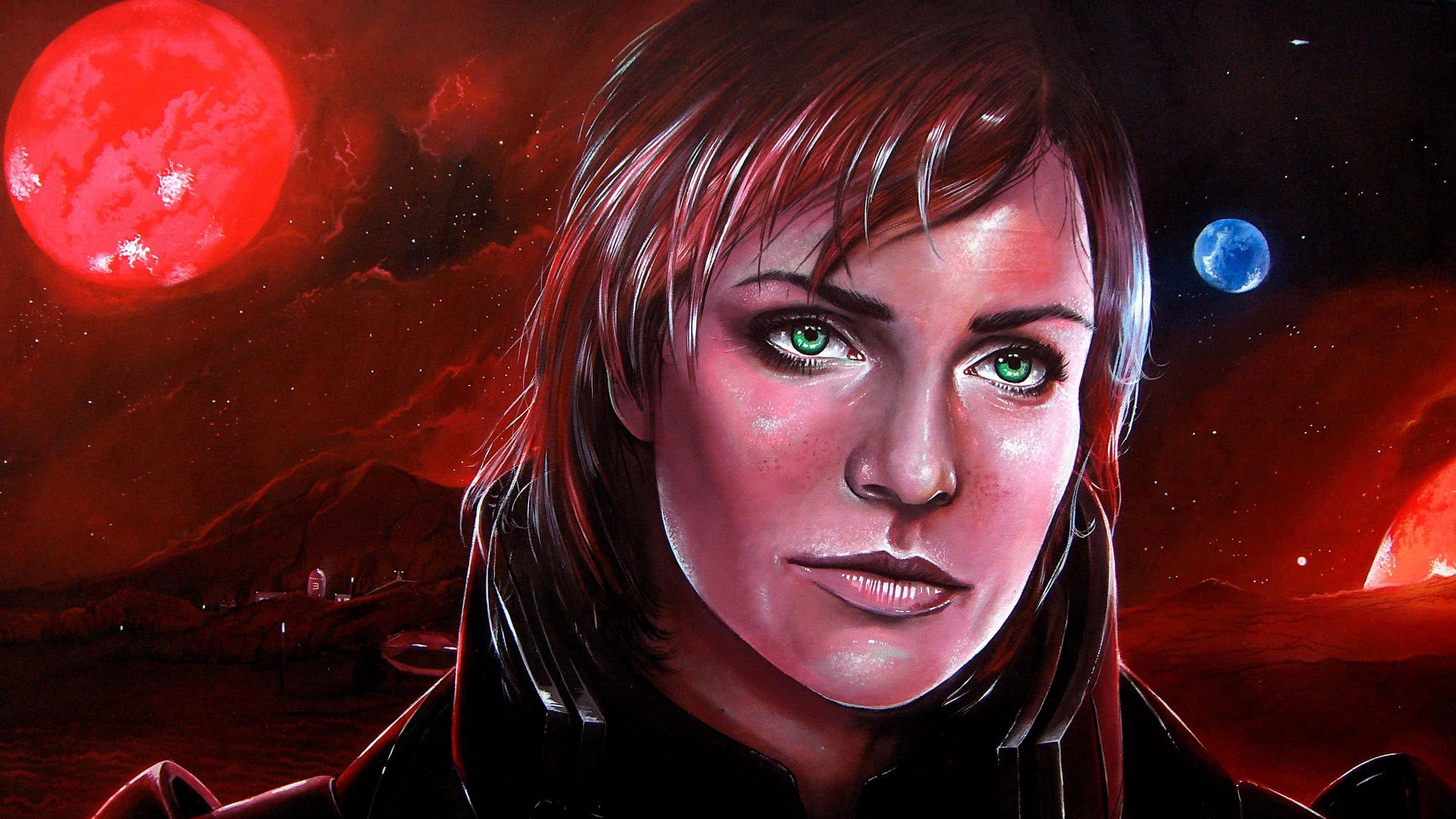 Mass Effect Femshep 桌布 壁紙 — 一位擁有綠色眼睛的女性，在紅色星球背景、藍色月亮和遙遠星空的襯托下向前凝視。