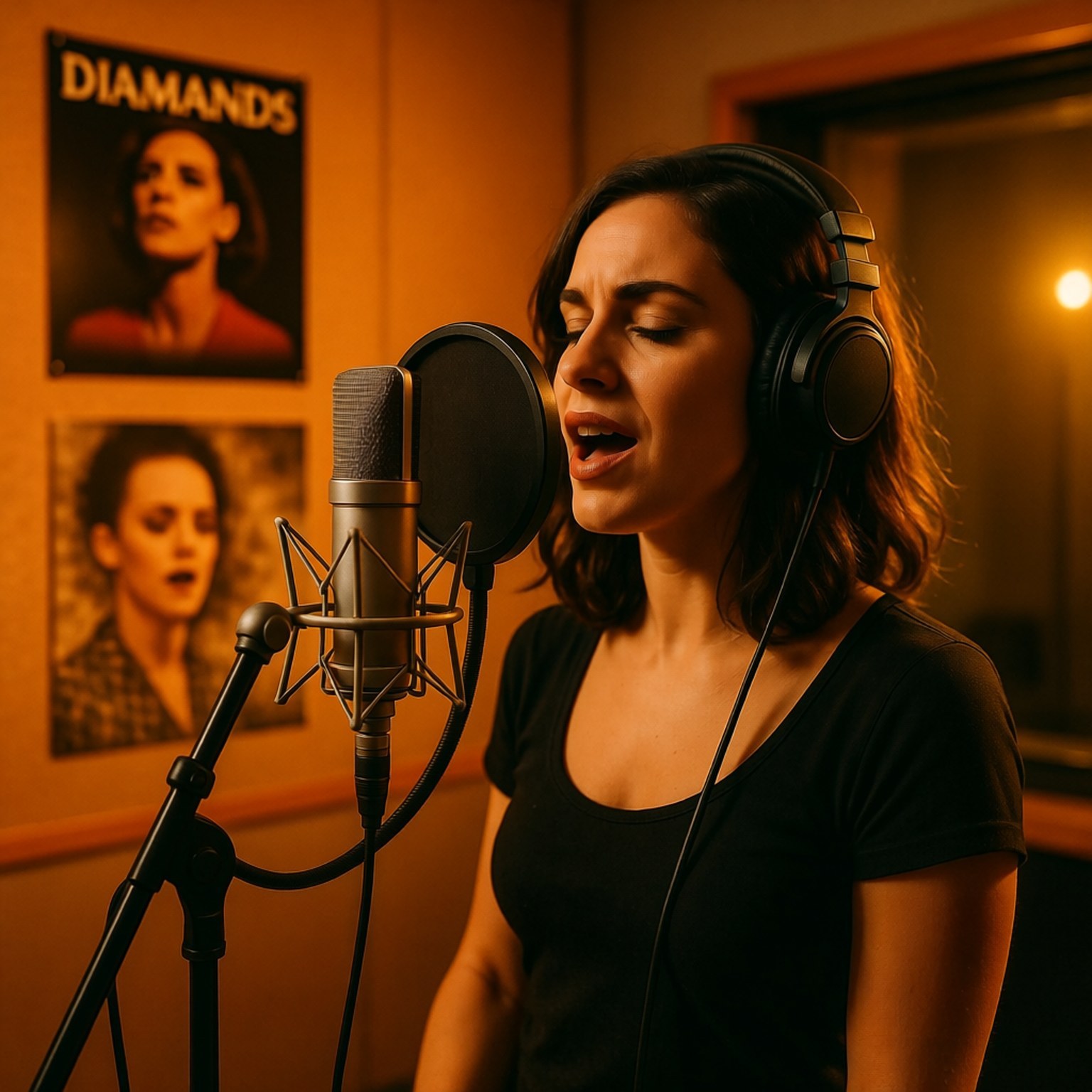 Studio Session 壁紙 — 一位戴著耳機的女性在溫暖的琥珀色燈光下，對著錄音室麥克風充滿激情地唱歌。