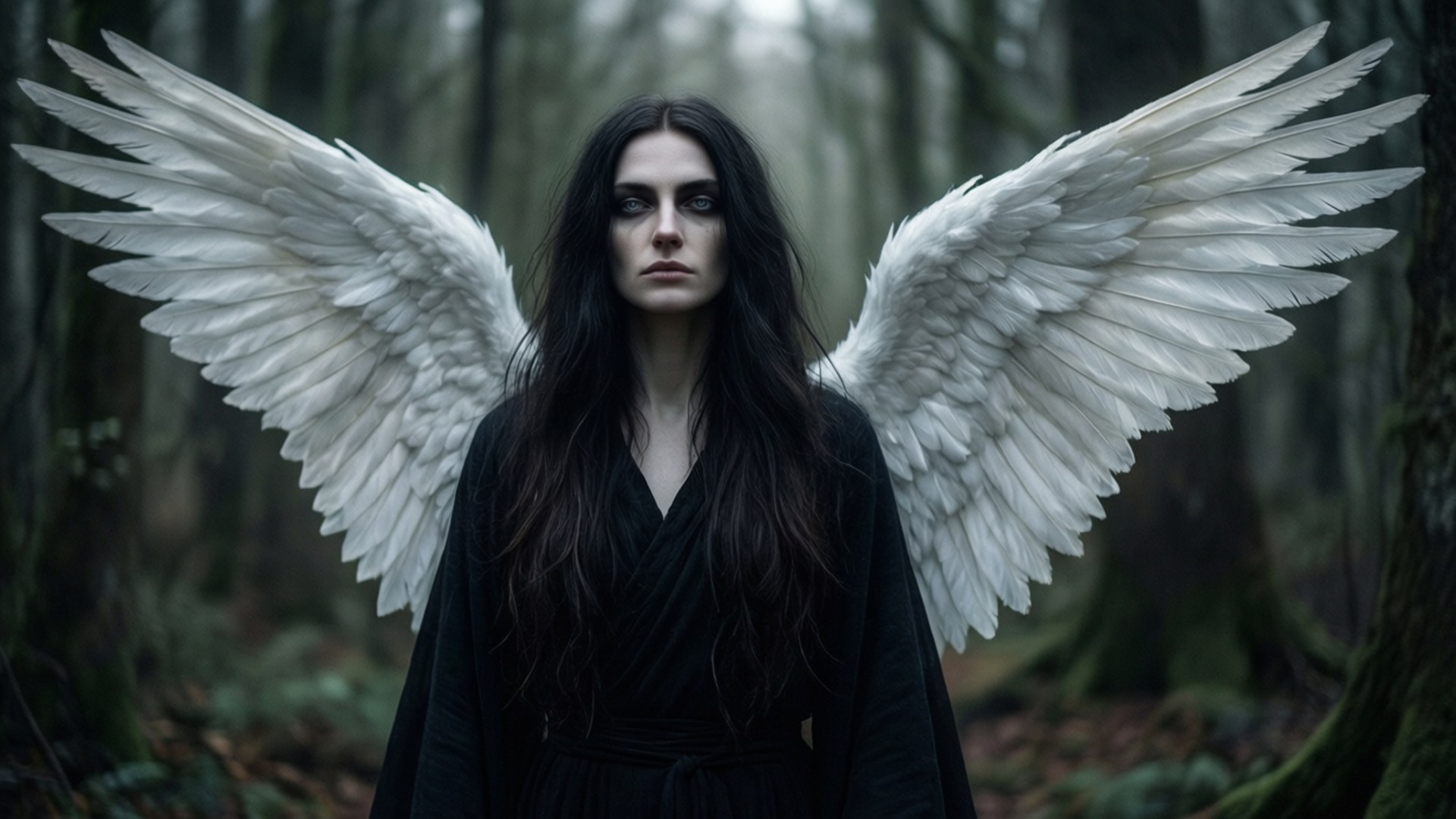 White Wings in Mist 壁紙 — 一位長著深色長髮和巨大白色羽毛翅膀的女人，穿著黑色長袍，莊嚴地站在霧氣瀰漫的森林中。
