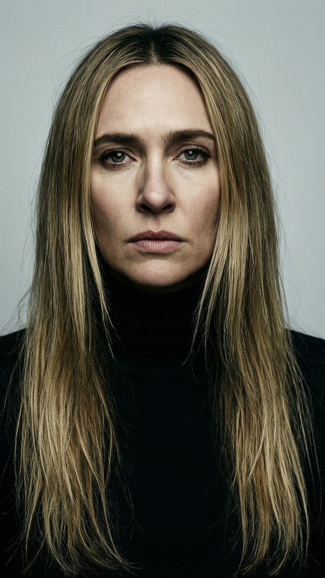 Minimalist Portrait 壁紙 — 一位擁有長金髮和強烈眼神的女性，在純灰色背景前穿著黑色高領毛衣，直視鏡頭。