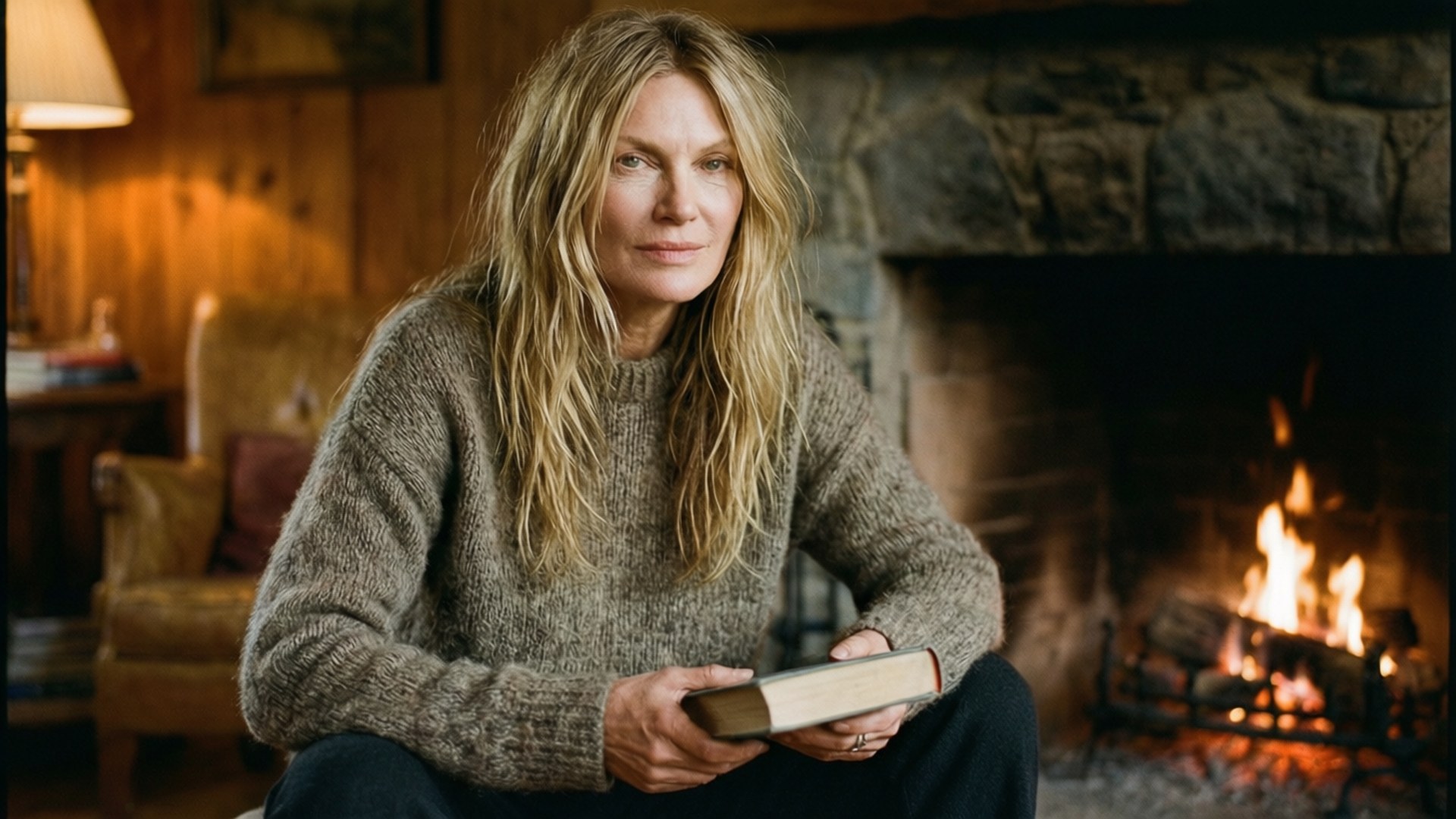 Kate Moss Cozy Fireplace 壁紙 — 一位長金髮的女性坐在石壁爐旁，手持一本書，火焰在她身後溫暖地閃爍。