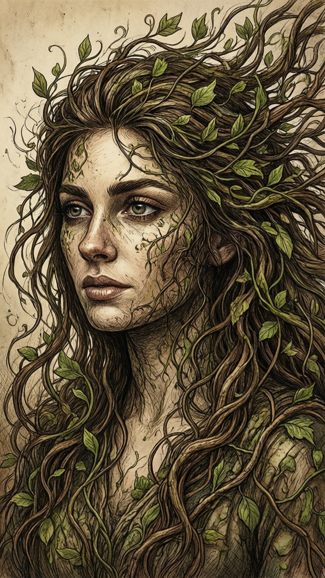 Nature Goddess Doodle Portrait 壁紙 — 一位長長棕色頭髮與綠色藤蔓和樹葉交織的女性，在帶紋理的米色背景上柔和地凝視。