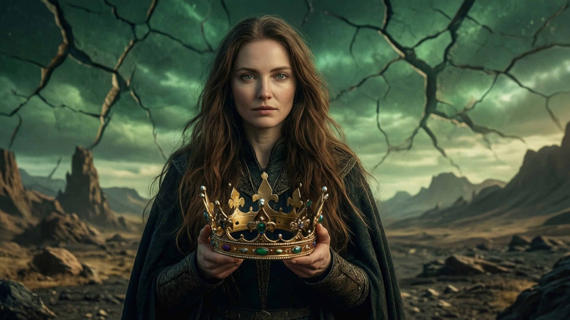 Broken Crown Sylvie 壁紙 — 一位長長棕色頭髮的女性在荒蕪龜裂的風景中，在暴風雨的綠色天空下，手持鑲有寶石的王冠。