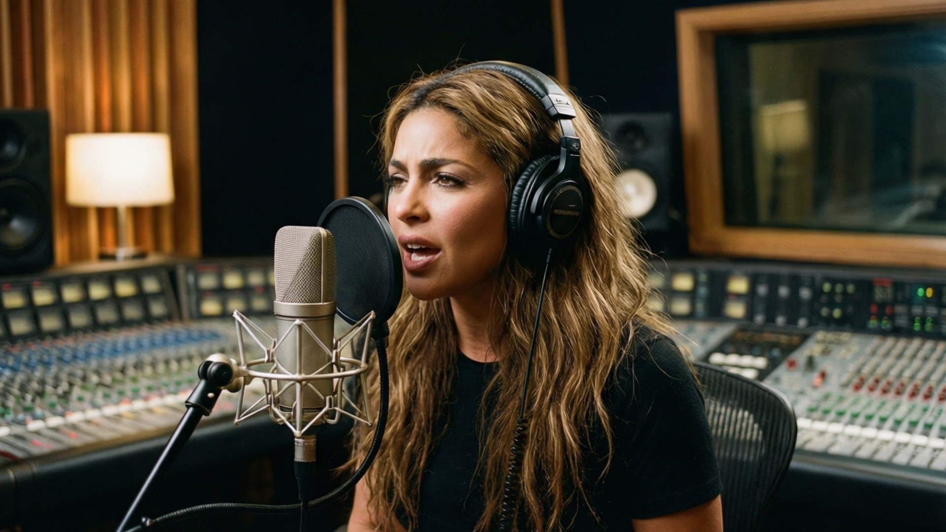 Shakira Studio Session 壁紙 — 一位長長棕色頭髮的女性在專業錄音室中戴著耳機對著錄音室麥克風唱歌。
