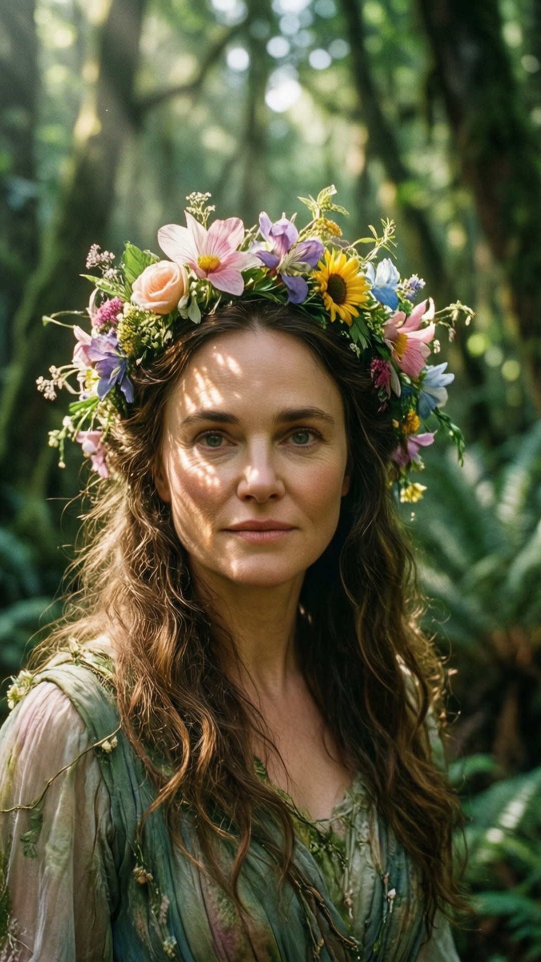 Forest Fairy Portman 壁紙 — 一位長長棕色頭髮的女性，在陽光普照的森林中戴著鮮豔的花冠，光線透過樹木形成斑駁的光影。