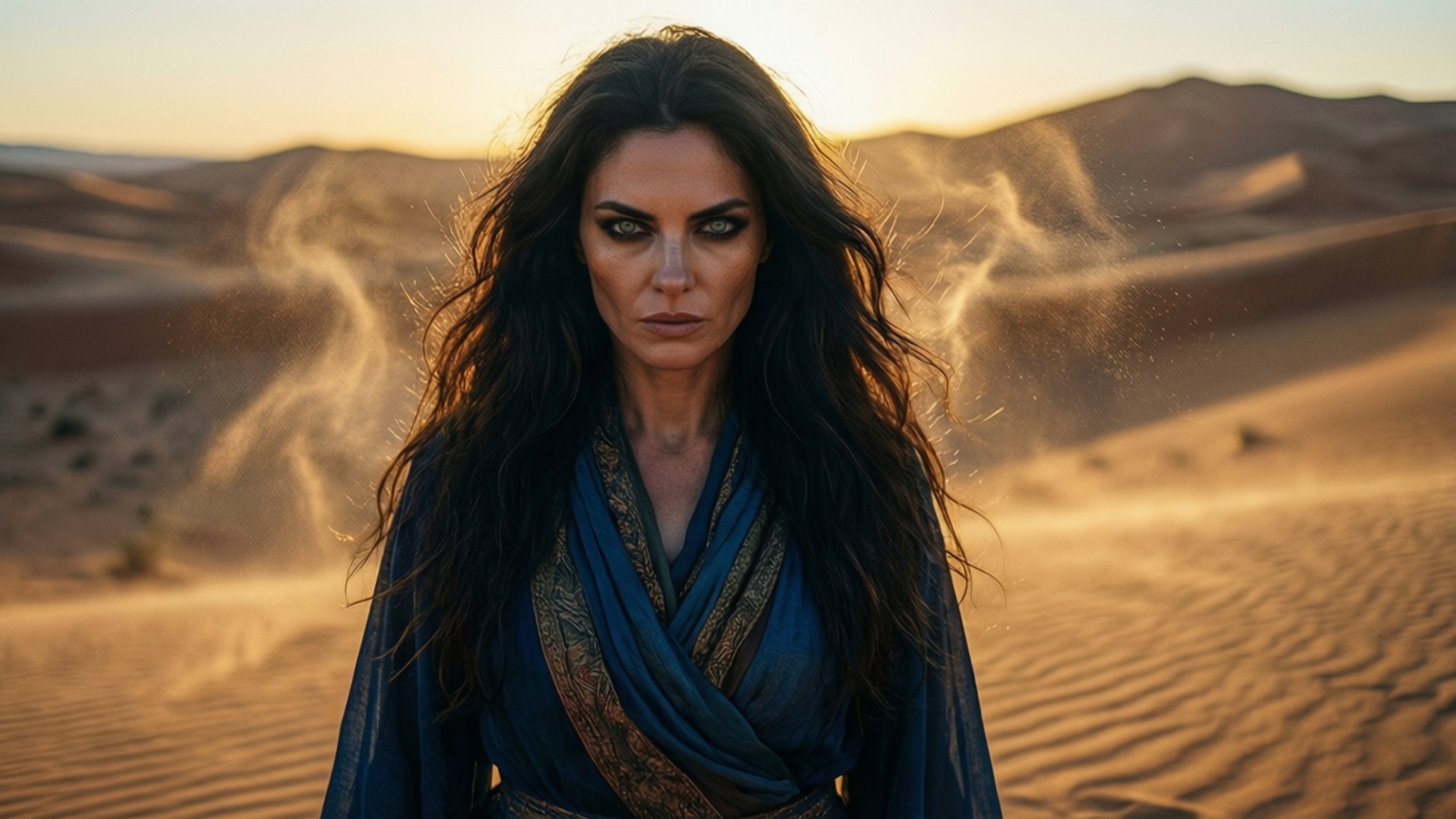 Desert Duel 壁紙 — 一位長長深色頭髮、眼神強烈的女性站在沙漠中，夕陽下沙塵在她周圍旋轉。