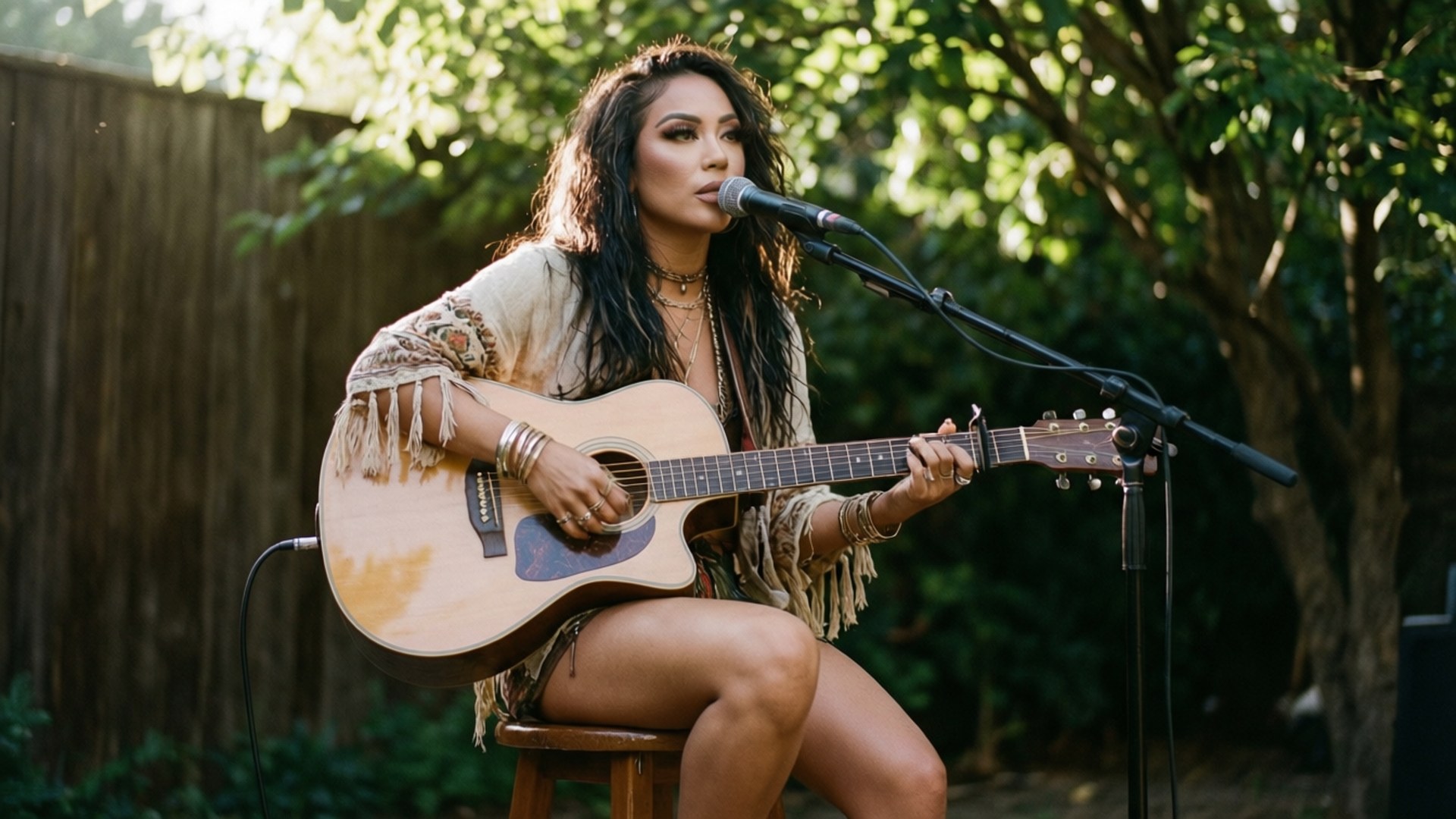 Acoustic Serenade 壁紙 — 一位長黑髮的女性坐在戶外的凳子上，彈奏木吉他並對著麥克風唱歌，周圍是綠樹和陽光。