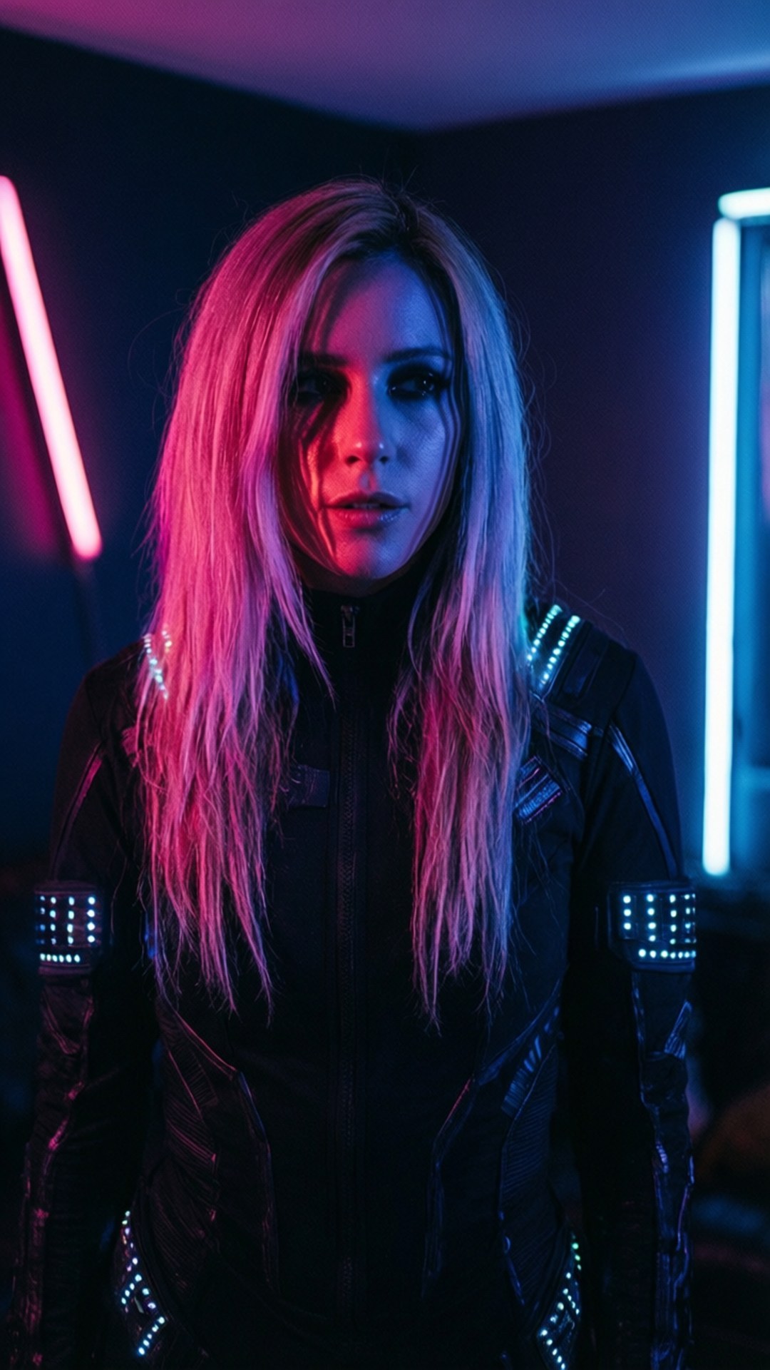 Neon Shadows 壁紙 — 一位長髮女性站在一個由粉紅色和藍色霓虹燈管照亮的黑暗房間裡，穿著帶有發光LED裝飾的黑色外套。