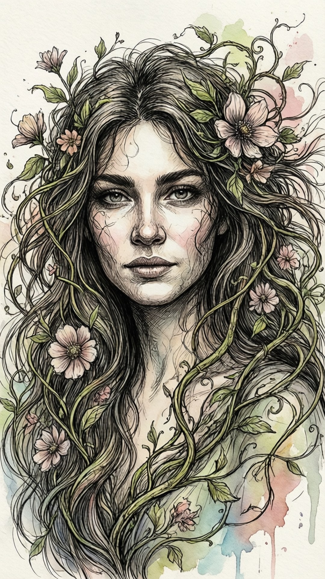 Floral Doodle Portrait 壁紙 — 一位長著長長波浪頭髮、纏繞著藤蔓和粉紅色花朵的女性，帶著平靜的表情向前凝視。