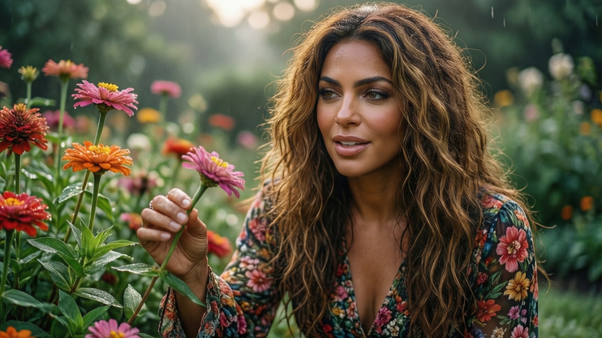 Shakira Garden Serenity 壁紙 — 一位長著長波浪髮的女性在陽光明媚、充滿色彩繽紛花朵的花園中輕輕握著一朵粉紅色的百日菊。
