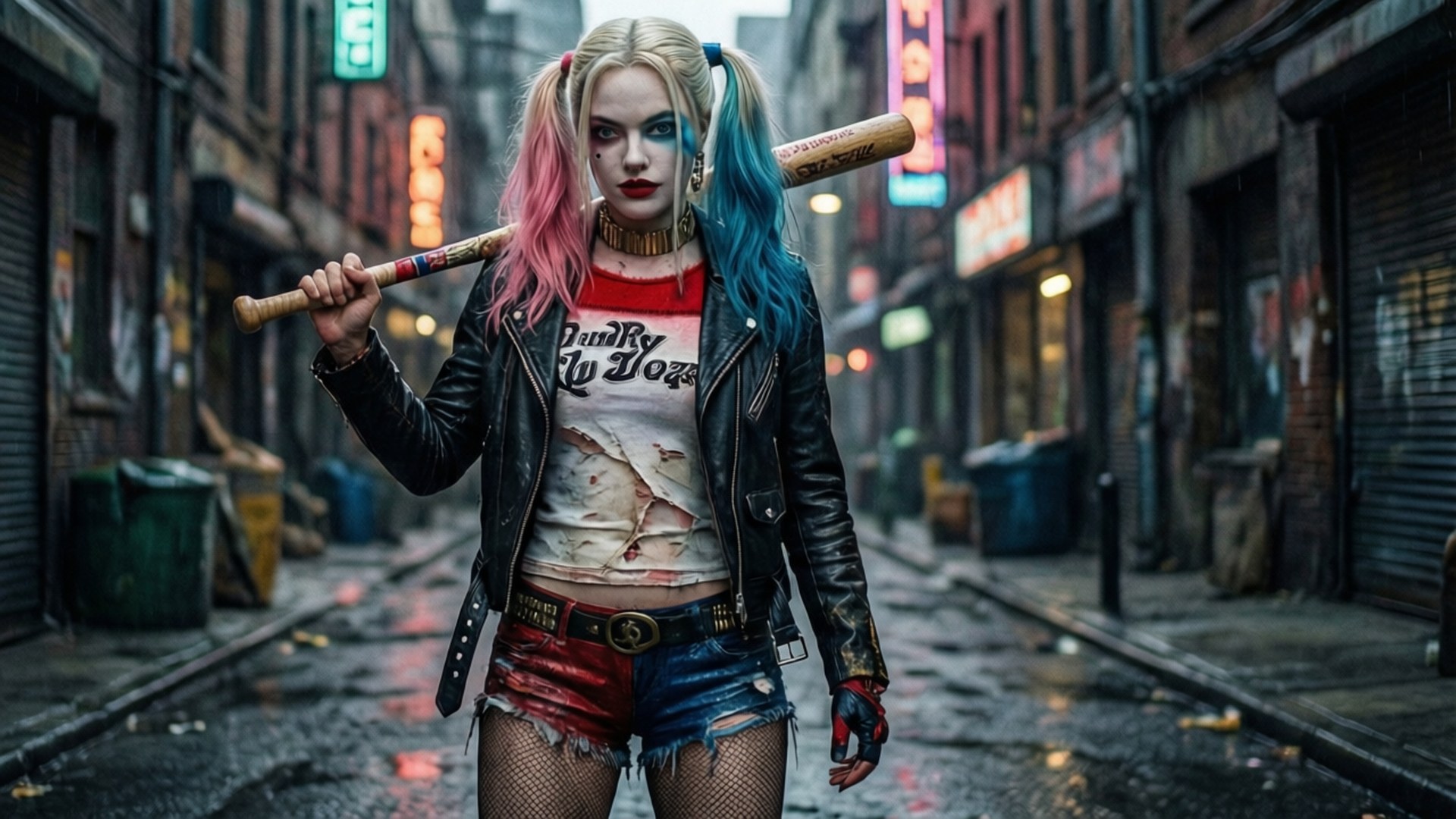 Suicide Squad Harley Quinn 壁紙 — 一位擁有粉紅色和藍色雙馬尾的女性在霓虹燈招牌的雨濕城市小巷中手持棒球棍。