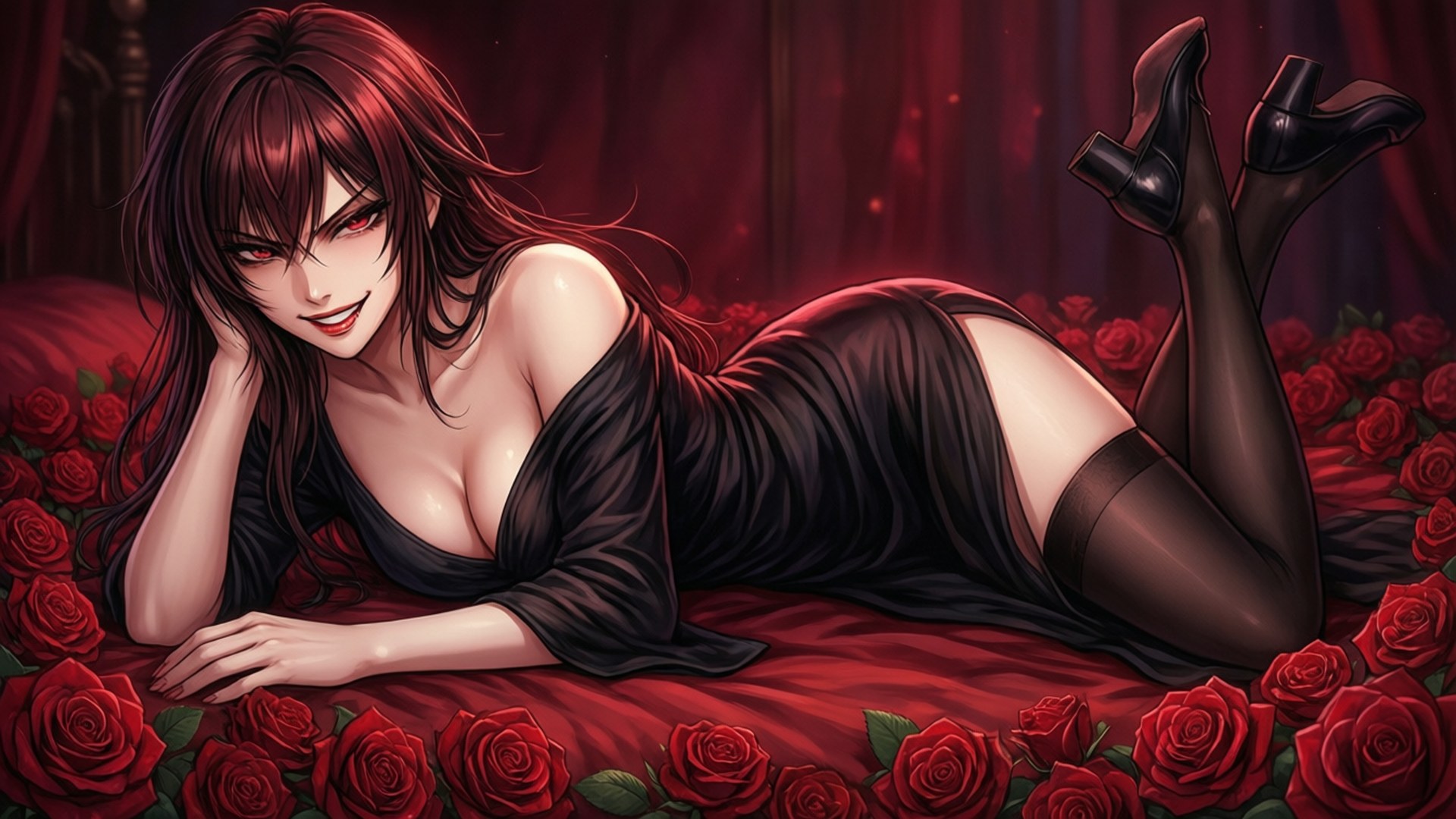 Seductive Laito Roses 壁紙 — 一位紅髮紅眼的女性穿著黑色連衣裙和長筒襪，性感地躺在紅玫瑰床上。