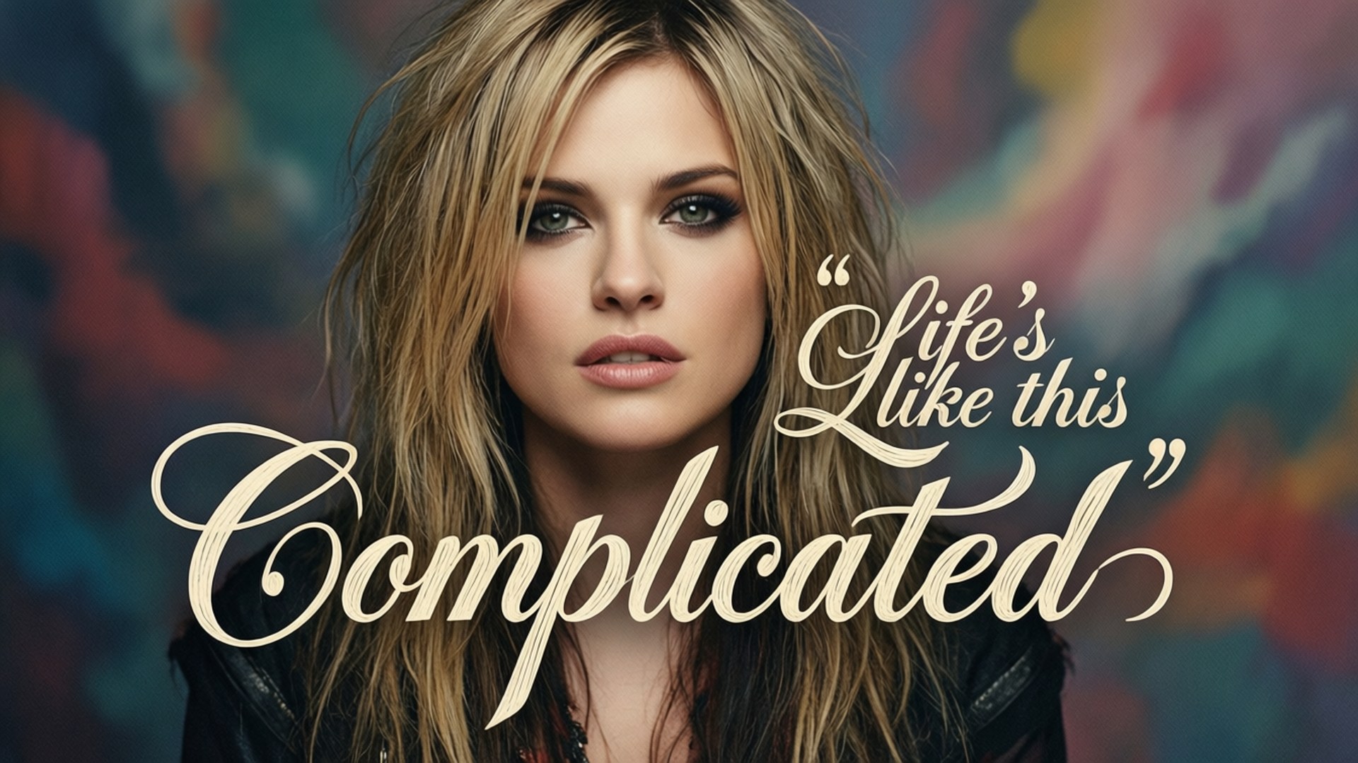 Complicated Quote Avril 壁紙 — 一個頭髮蓬鬆的金髮女子在充滿活力的抽象背景前直視觀眾，並帶有優雅字體的句子 life's like this complicated。