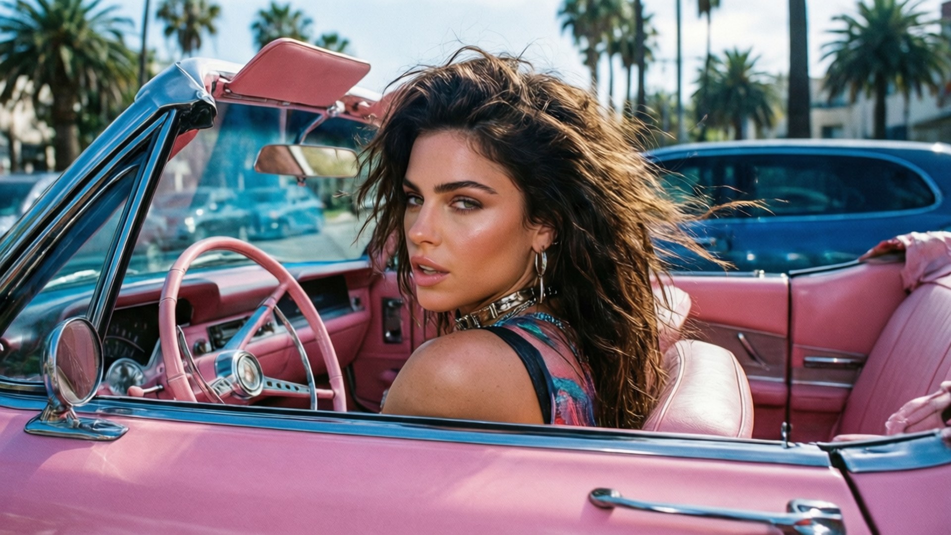 Halsey Retro Ride 壁紙 — 一個頭髮凌亂的女人在陽光明媚的日子裡，從棕櫚樹下的復古粉紅色敞篷車中探出身子。