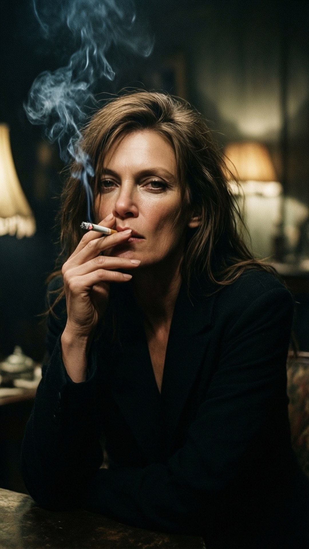 Noir Smoke 壁紙 — 一個頭髮凌亂的女人在一個光線昏暗、有溫暖燈光和旋轉煙霧的房間裡抽煙。