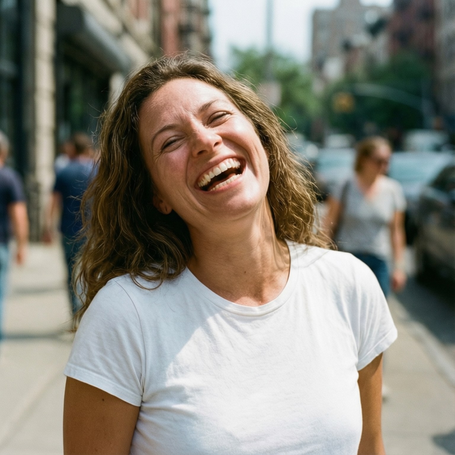 Joyful Laughter 壁紙 — 一位擁有波浪棕色頭髮的女性在陽光明媚的城市人行道上穿著白色T恤，開懷大笑。