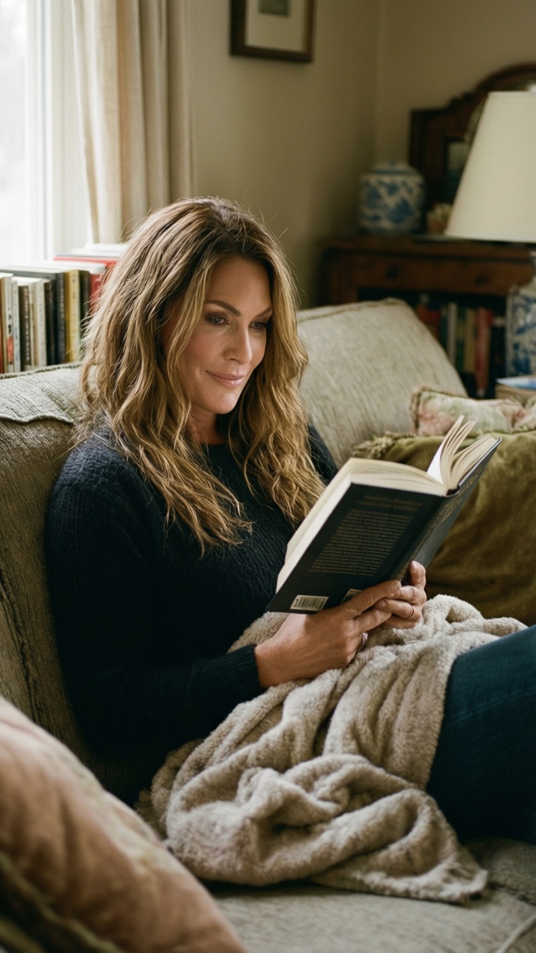 Cozy Home Reading 壁紙 — 一位擁有波浪棕色頭髮的女性舒適地坐在米色沙發上，裹著毛絨毯子，在溫暖照明的客廳裡看書。