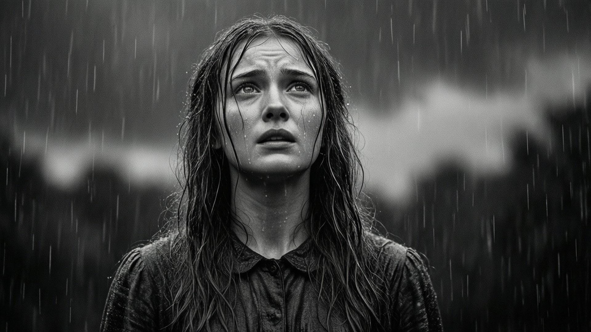 Rainy Revelation 壁紙 — 一位濕髮女子站在大雨中，臉上刻滿悲傷，水滴順著肌膚流下，背景是模糊的灰色。