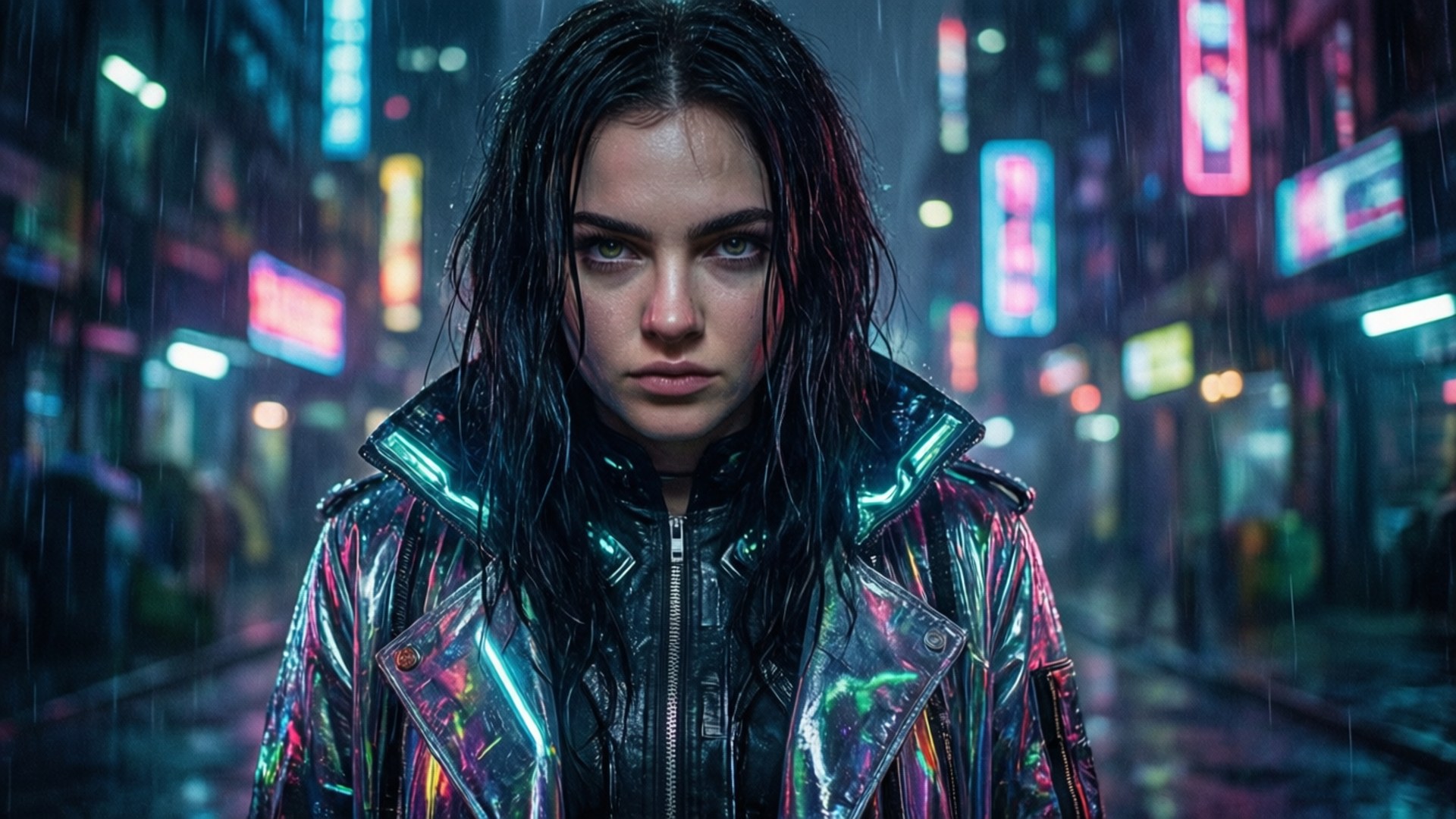 蘿兒 桌布 壁紙 — 一位頭髮濕透的女人在雨淋濕透的霓虹燈光 cyberpunk 城市街道上夜間凝視著。