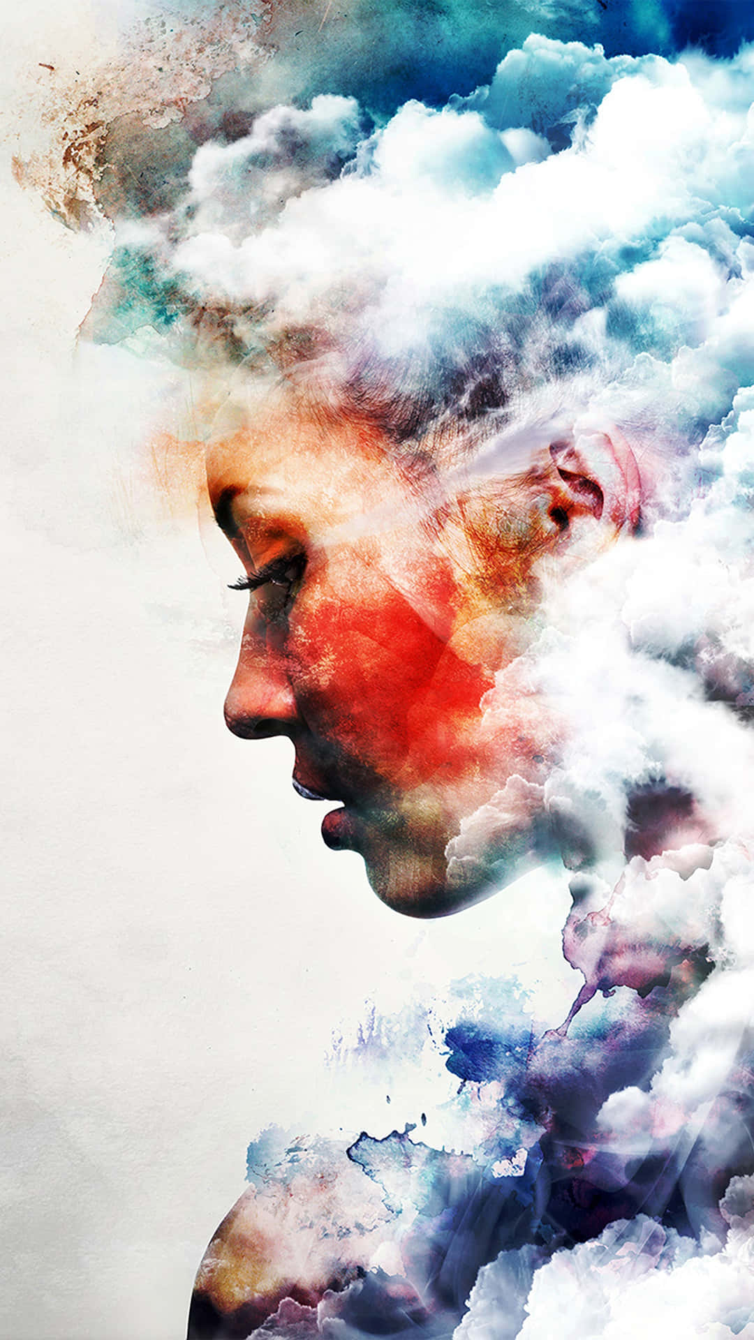  壁紙 — 一個女人的側面與藍色、白色和橙色的漩渦雲朵融合，呈現夢幻水彩風格。