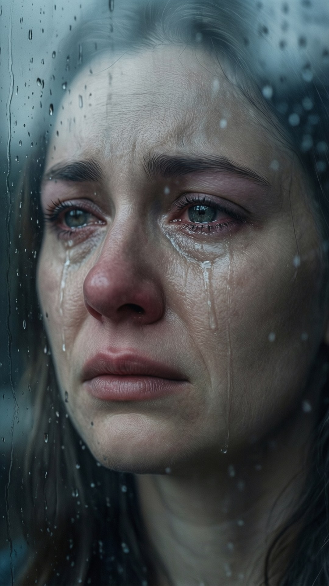 Grieve 桌布 壁紙 — 一個女人淚流滿面的臉龐在雨水濺灑的窗後閃爍，呈現陰鬱、充滿情感的近距離特寫。