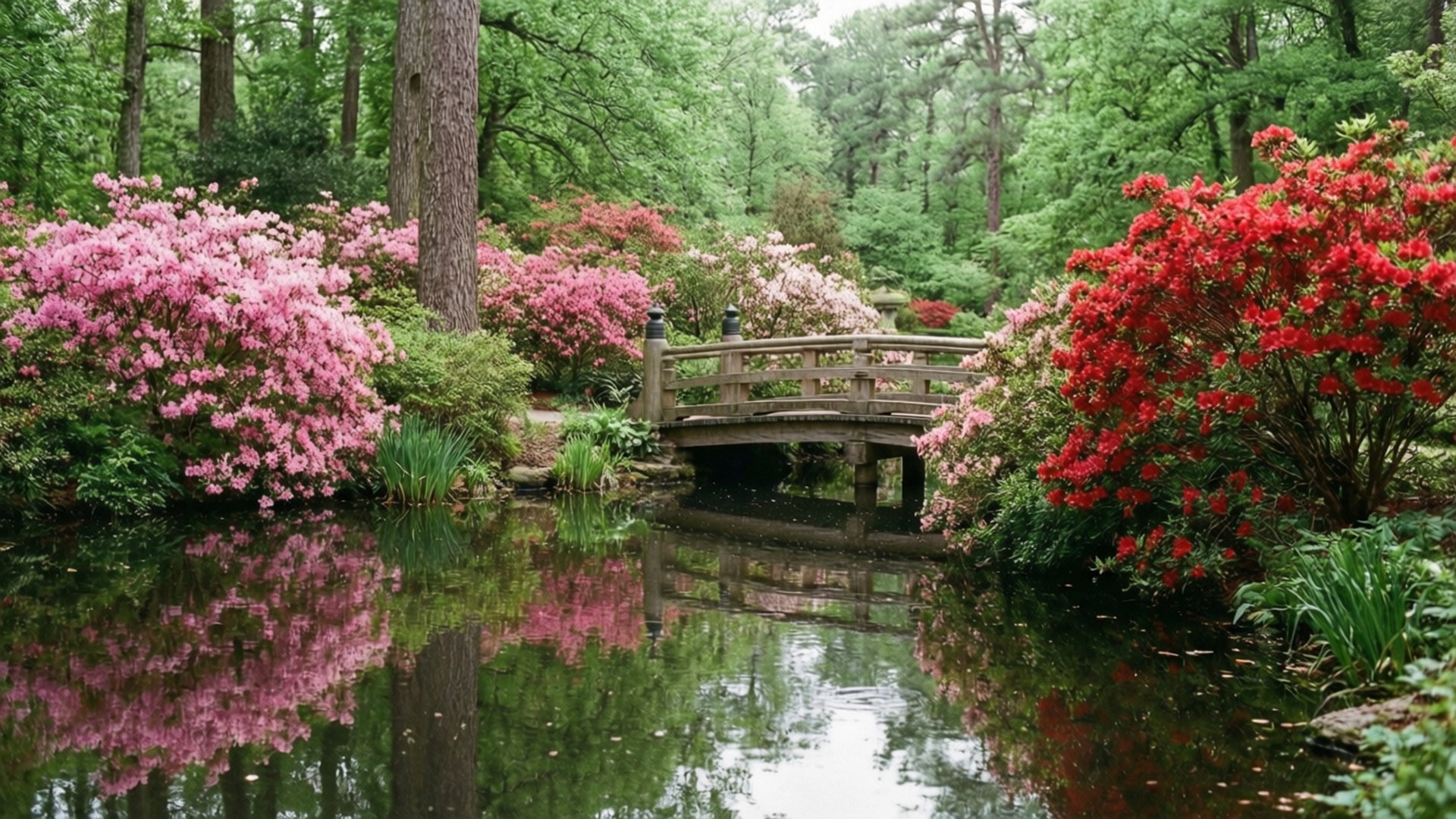 Bellingrath Gardens Spring 壁紙 — 一座木橋拱起在平靜的池塘上，倒映著鮮豔的粉紅色和紅色開花灌木，周圍環繞著茂密的綠樹。